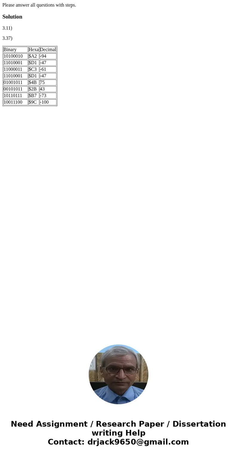 Please answer all questions with steps.Solution3.11) 3.37) Binary Hexa Decimal 10100010 $A2 -94 11010001 $D1 -47 11000011 $C3 -61 11010001 $D1 -47 01001011 $4B  Please answer all questions with steps.Solution3.11) 3.37) Binary Hexa Decimal 10100010 $A2 -94 11010001 $D1 -47 11000011 $C3 -61 11010001 $D1 -47 01001011 $4B