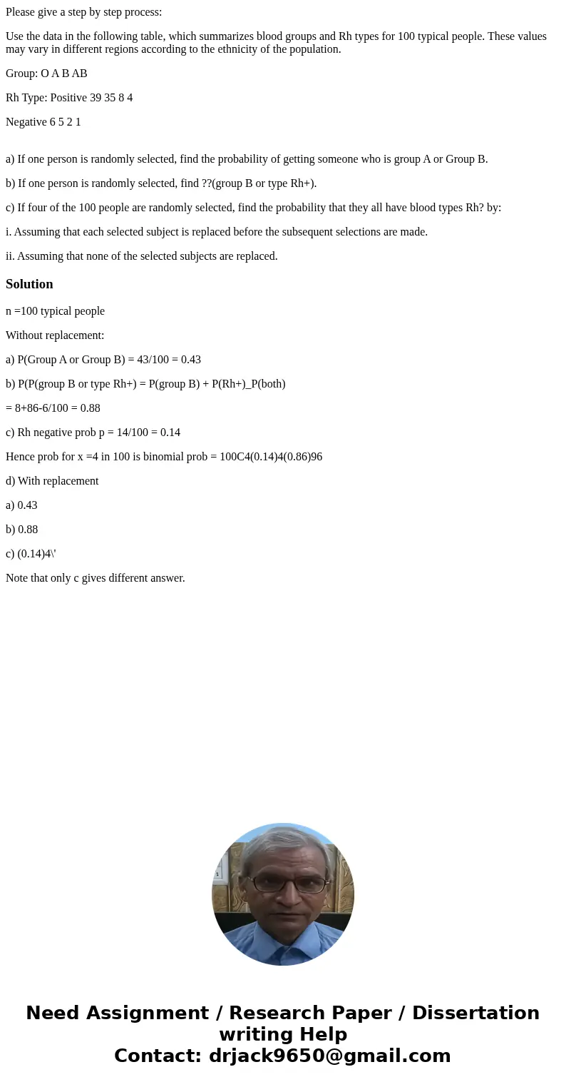 Please give a step by step process: Use the data in the following table, which summarizes blood groups and Rh types for 100 typical people. These values may var Please give a step by step process: Use the data in the following table, which summarizes blood groups and Rh types for 100 typical people. These values may var