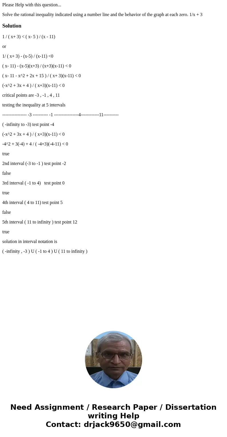 Please Help with this question... Solve the rational inequality indicated using a number line and the behavior of the graph at each zero. 1/x + 3 Solution1 / (  Please Help with this question... Solve the rational inequality indicated using a number line and the behavior of the graph at each zero. 1/x + 3 Solution1 / (