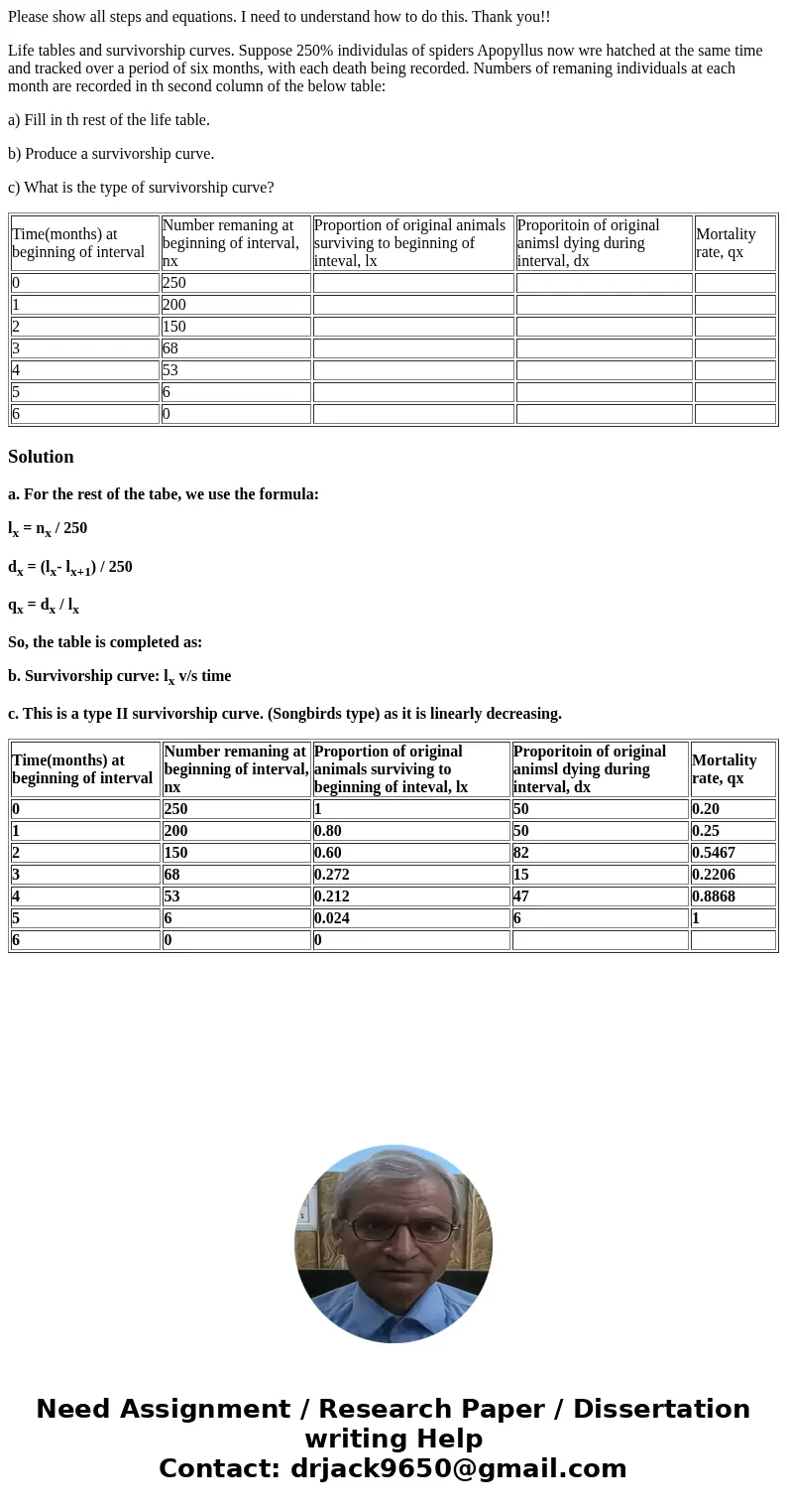 Please show all steps and equations. I need to understand how to do this. Thank you!! Life tables and survivorship curves. Suppose 250% individulas of spiders A Please show all steps and equations. I need to understand how to do this. Thank you!! Life tables and survivorship curves. Suppose 250% individulas of spiders A