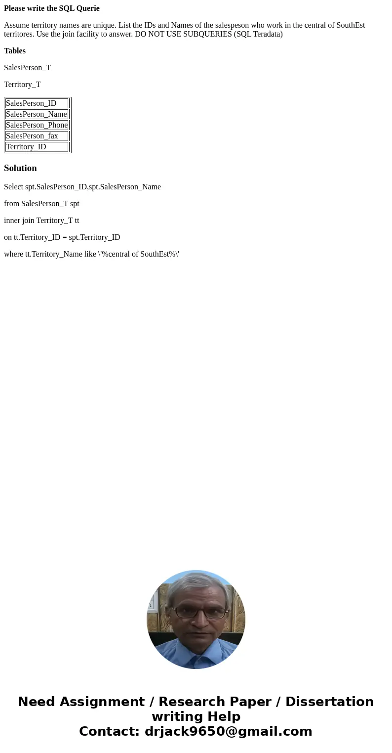 Please write the SQL Querie Assume territory names are unique. List the IDs and Names of the salespeson who work in the central of SouthEst territores. Use the  Please write the SQL Querie Assume territory names are unique. List the IDs and Names of the salespeson who work in the central of SouthEst territores. Use the