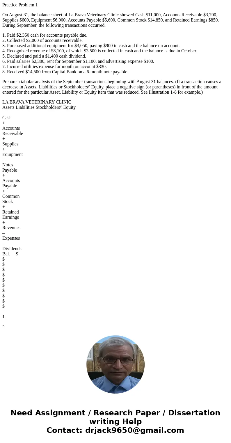 Practice Problem 1 On August 31, the balance sheet of La Brava Veterinary Clinic showed Cash $11,000, Accounts Receivable $3,700, Supplies $600, Equipment $6,00
