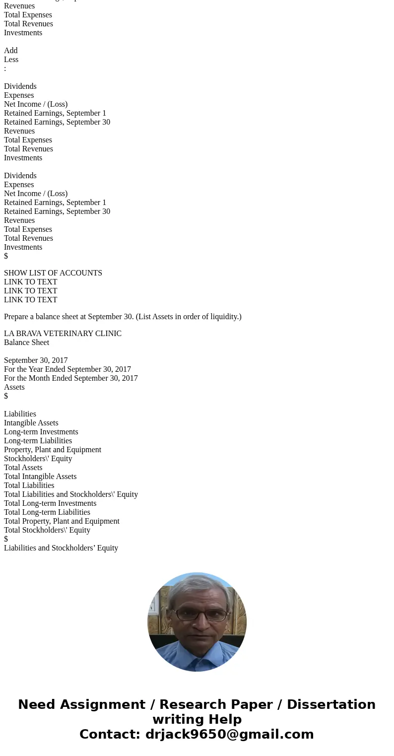 Practice Problem 1 On August 31, the balance sheet of La Brava Veterinary Clinic showed Cash $11,000, Accounts Receivable $3,700, Supplies $600, Equipment $6,00