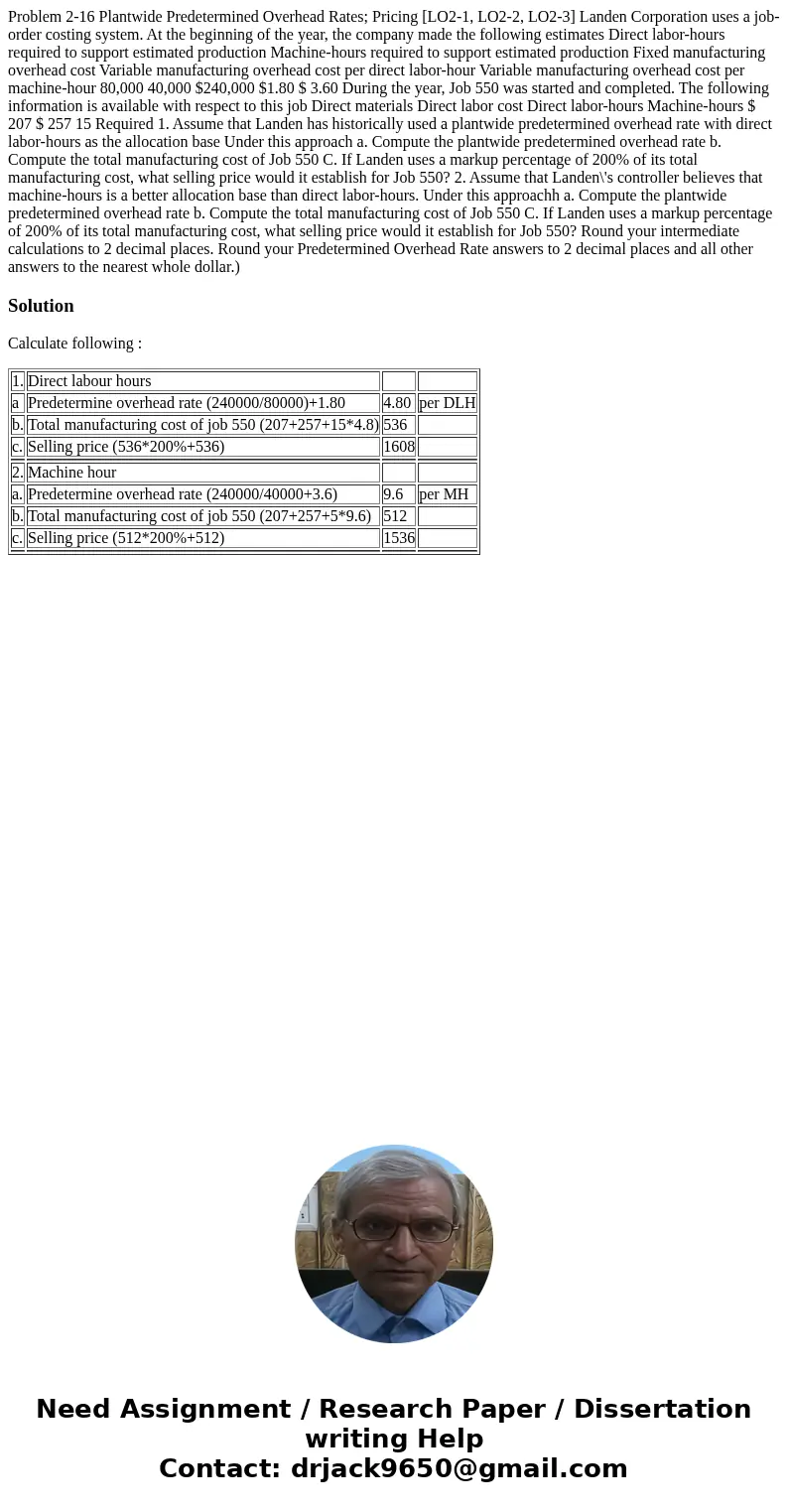  Problem 2-16 Plantwide Predetermined Overhead Rates; Pricing [LO2-1, LO2-2, LO2-3] Landen Corporation uses a job-order costing system. At the beginning of the 