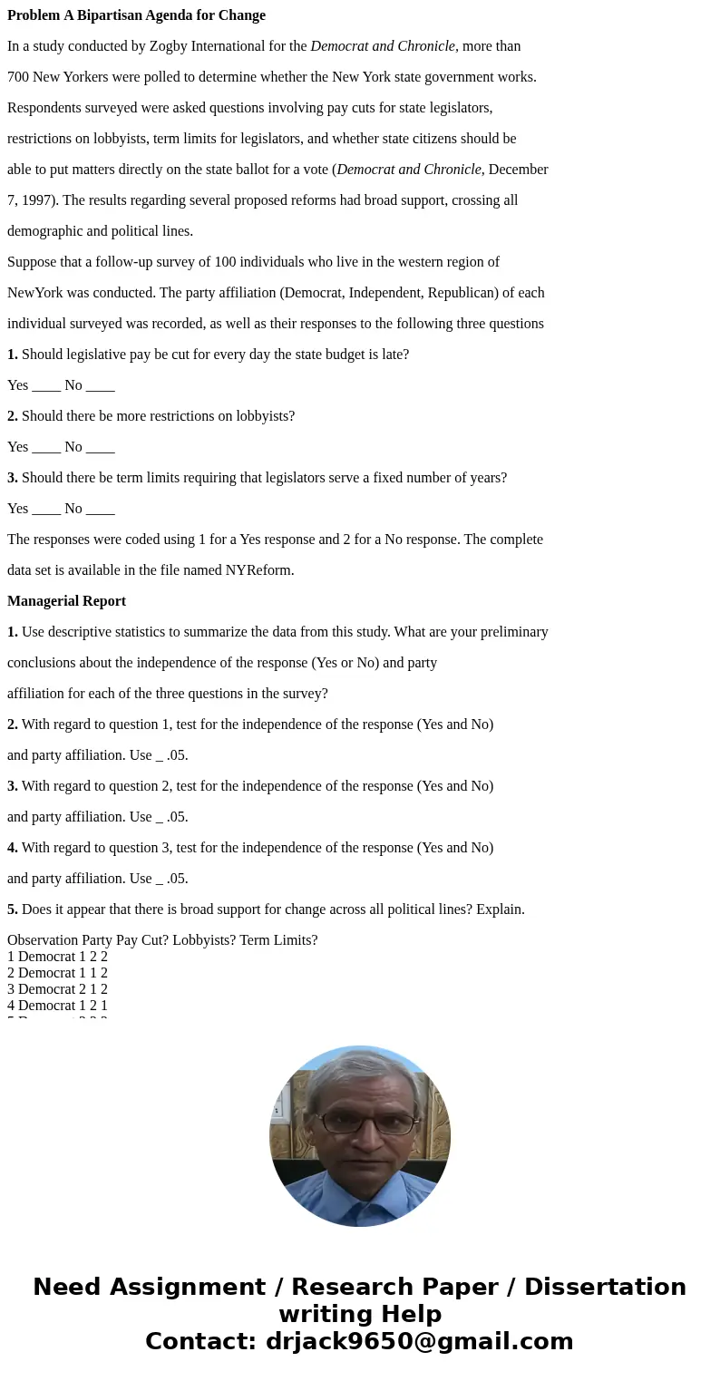 Problem A Bipartisan Agenda for Change In a study conducted by Zogby International for the Democrat and Chronicle, more than 700 New Yorkers were polled to dete Problem A Bipartisan Agenda for Change In a study conducted by Zogby International for the Democrat and Chronicle, more than 700 New Yorkers were polled to dete