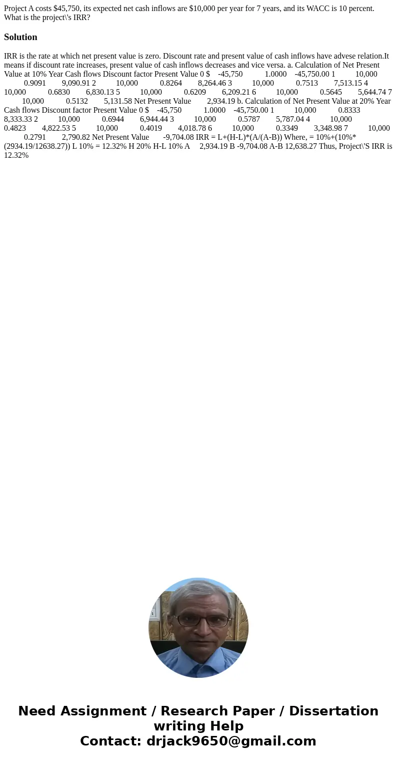 Project A costs $45,750, its expected net cash inflows are $10,000 per year for 7 years, and its WACC is 10 percent. What is the project\'s IRR?Solution IRR is  Project A costs $45,750, its expected net cash inflows are $10,000 per year for 7 years, and its WACC is 10 percent. What is the project\'s IRR?Solution IRR is