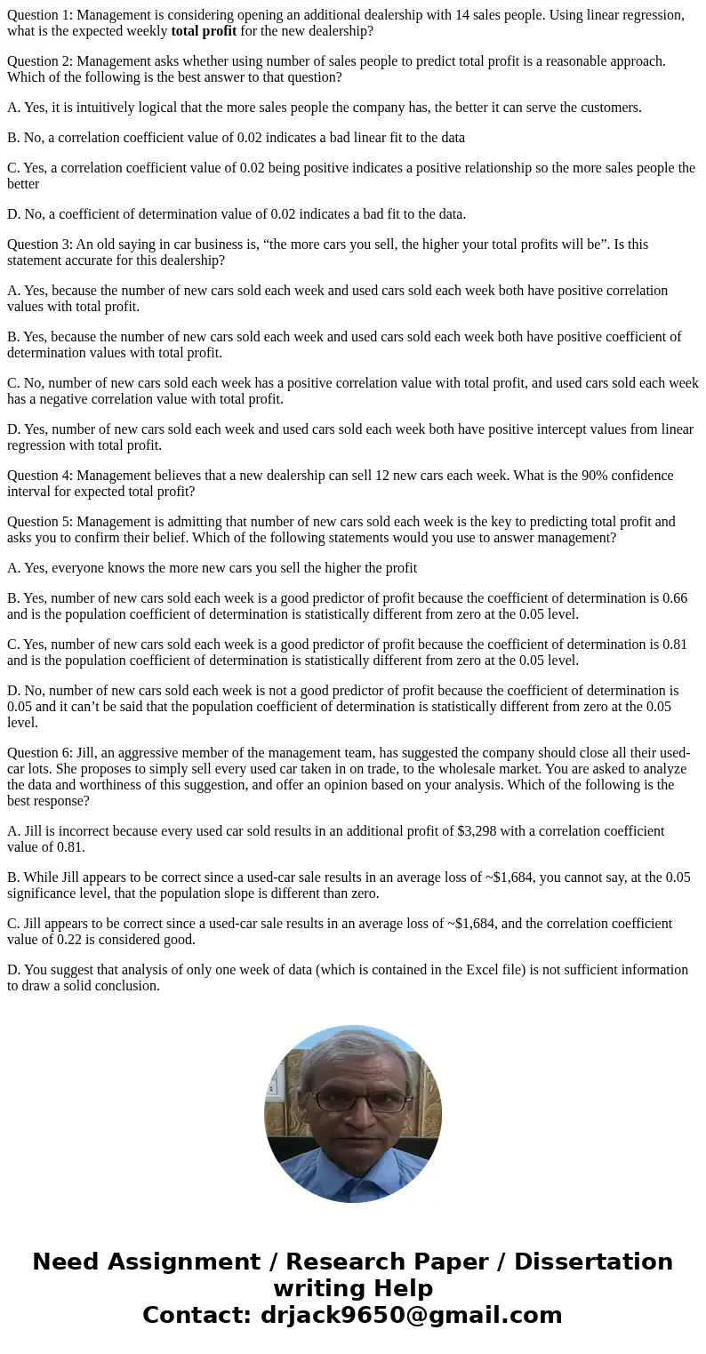 Question 1: Management is considering opening an additional dealership with 14 sales people. Using linear regression, what is the expected weekly total profit f Question 1: Management is considering opening an additional dealership with 14 sales people. Using linear regression, what is the expected weekly total profit f