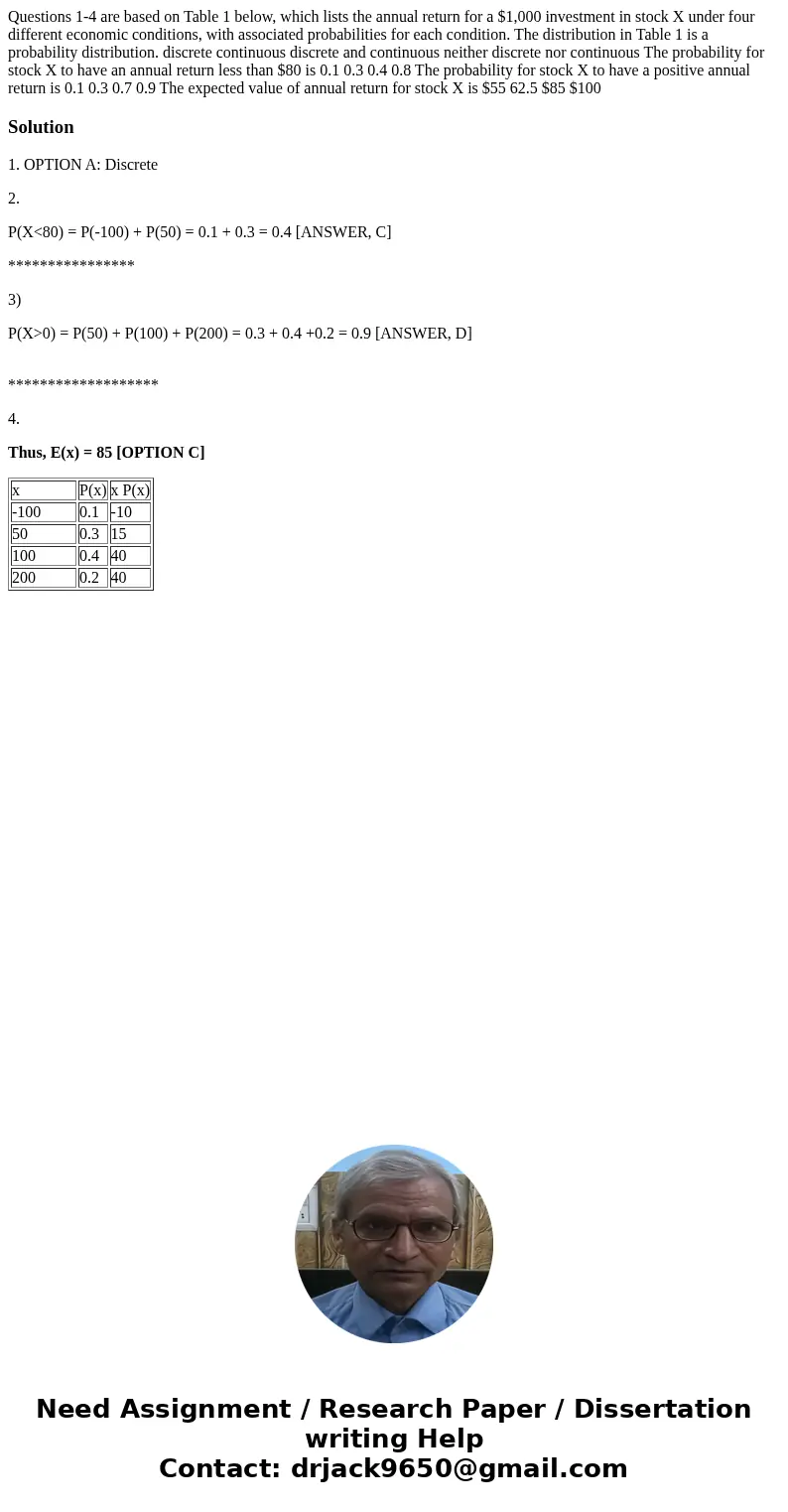Questions 1-4 are based on Table 1 below, which lists the annual return for a $1,000 investment in stock X under four different economic conditions, with assoc  Questions 1-4 are based on Table 1 below, which lists the annual return for a $1,000 investment in stock X under four different economic conditions, with assoc