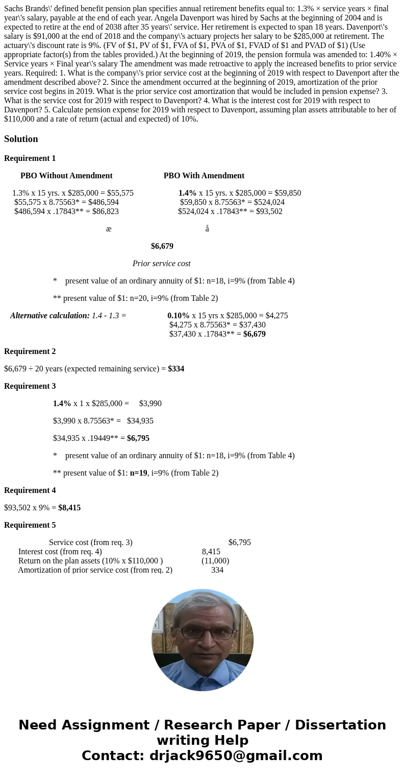 Sachs Brands\' defined benefit pension plan specifies annual retirement benefits equal to: 1.3% × service years × final year\'s salary, payable at the end of ea Sachs Brands\' defined benefit pension plan specifies annual retirement benefits equal to: 1.3% × service years × final year\'s salary, payable at the end of ea