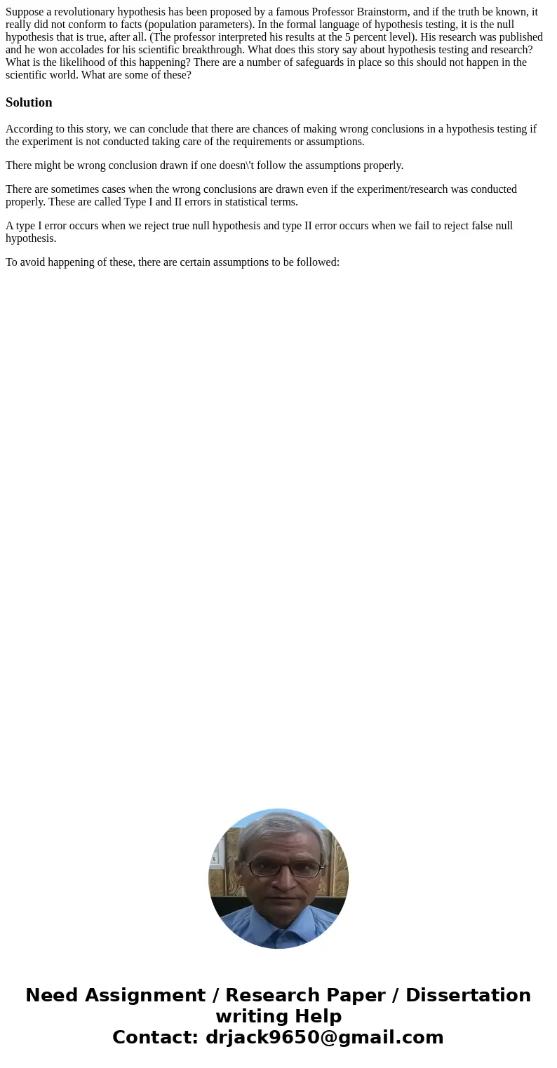 Suppose a revolutionary hypothesis has been proposed by a famous Professor Brainstorm, and if the truth be known, it really did not conform to facts (population Suppose a revolutionary hypothesis has been proposed by a famous Professor Brainstorm, and if the truth be known, it really did not conform to facts (population