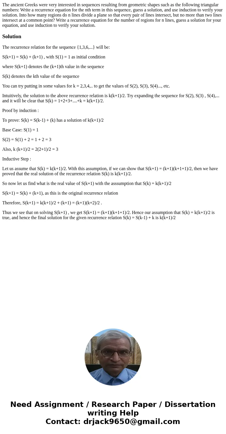  The ancient Greeks were very interested in sequences resulting from geometric shapes such as the following triangular numbers: Write a recurrence equation for 