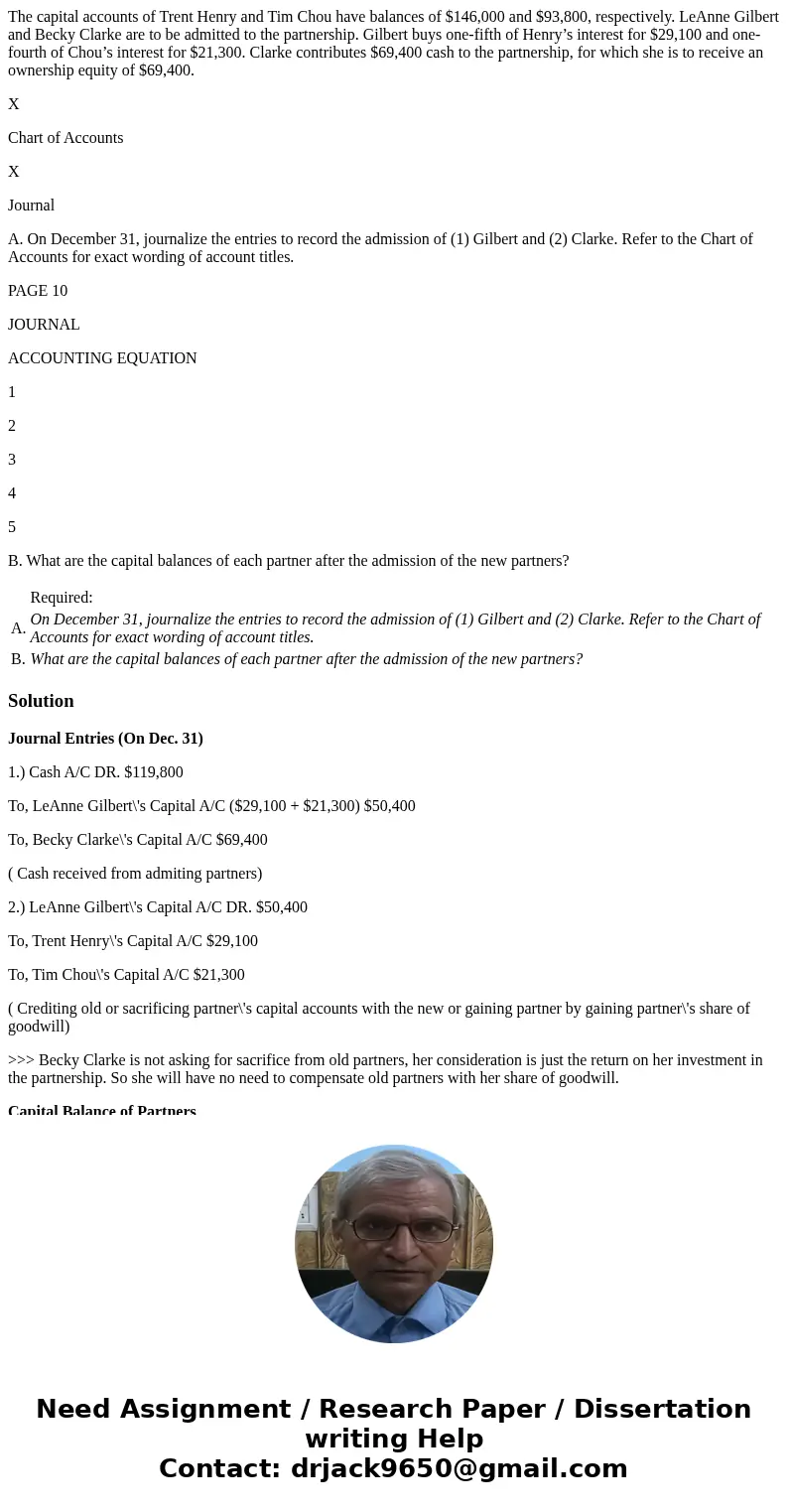 The capital accounts of Trent Henry and Tim Chou have balances of $146,000 and $93,800, respectively. LeAnne Gilbert and Becky Clarke are to be admitted to the 
