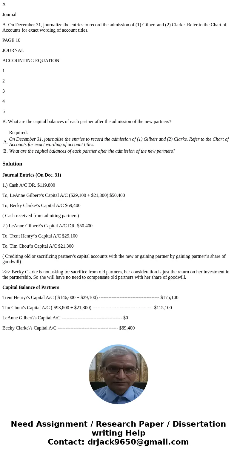 The capital accounts of Trent Henry and Tim Chou have balances of $146,000 and $93,800, respectively. LeAnne Gilbert and Becky Clarke are to be admitted to the 