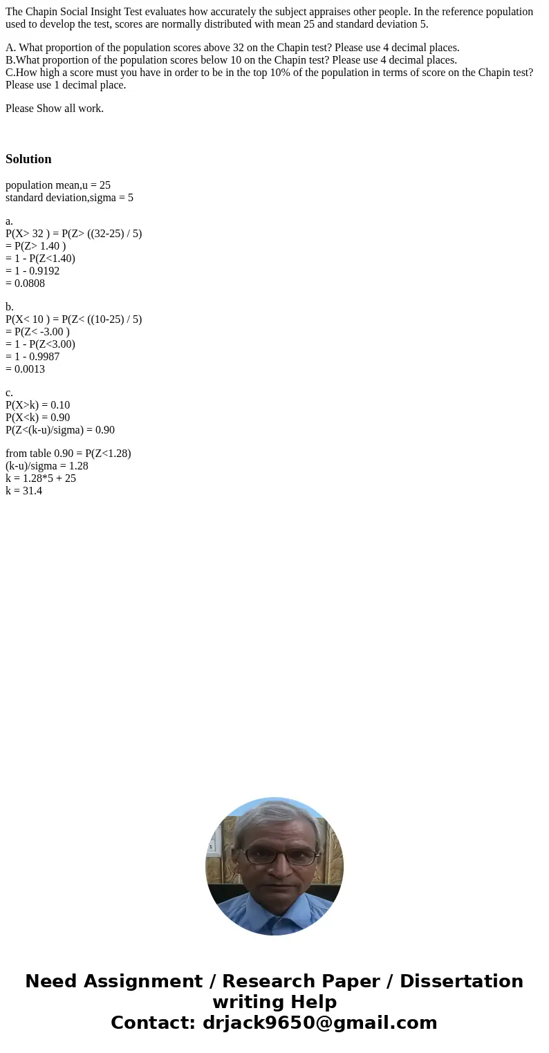 The Chapin Social Insight Test evaluates how accurately the subject appraises other people. In the reference population used to develop the test, scores are nor The Chapin Social Insight Test evaluates how accurately the subject appraises other people. In the reference population used to develop the test, scores are nor