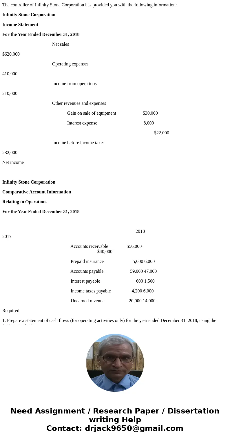 The controller of Infinity Stone Corporation has provided you with the following information: Infinity Stone Corporation Income Statement For the Year Ended Dec