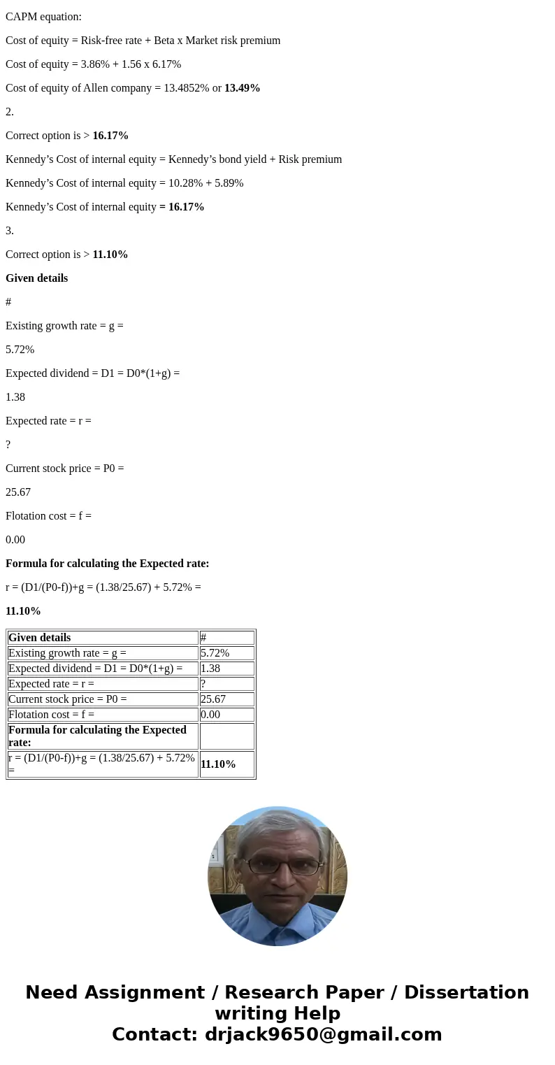  The current risk-free rate of return (r) is 3.86%, while the market risk premium is 6.17%. the Allen Company has a beta of 1.56. Using the Capital Asset Pricin