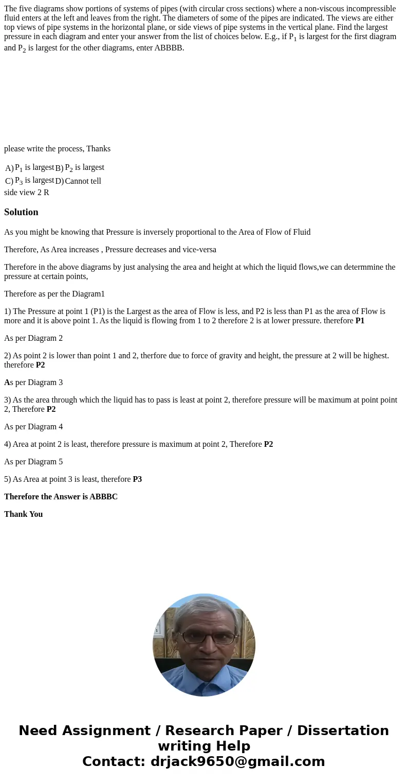 The five diagrams show portions of systems of pipes (with circular cross sections) where a non-viscous incompressible fluid enters at the left and leaves from t