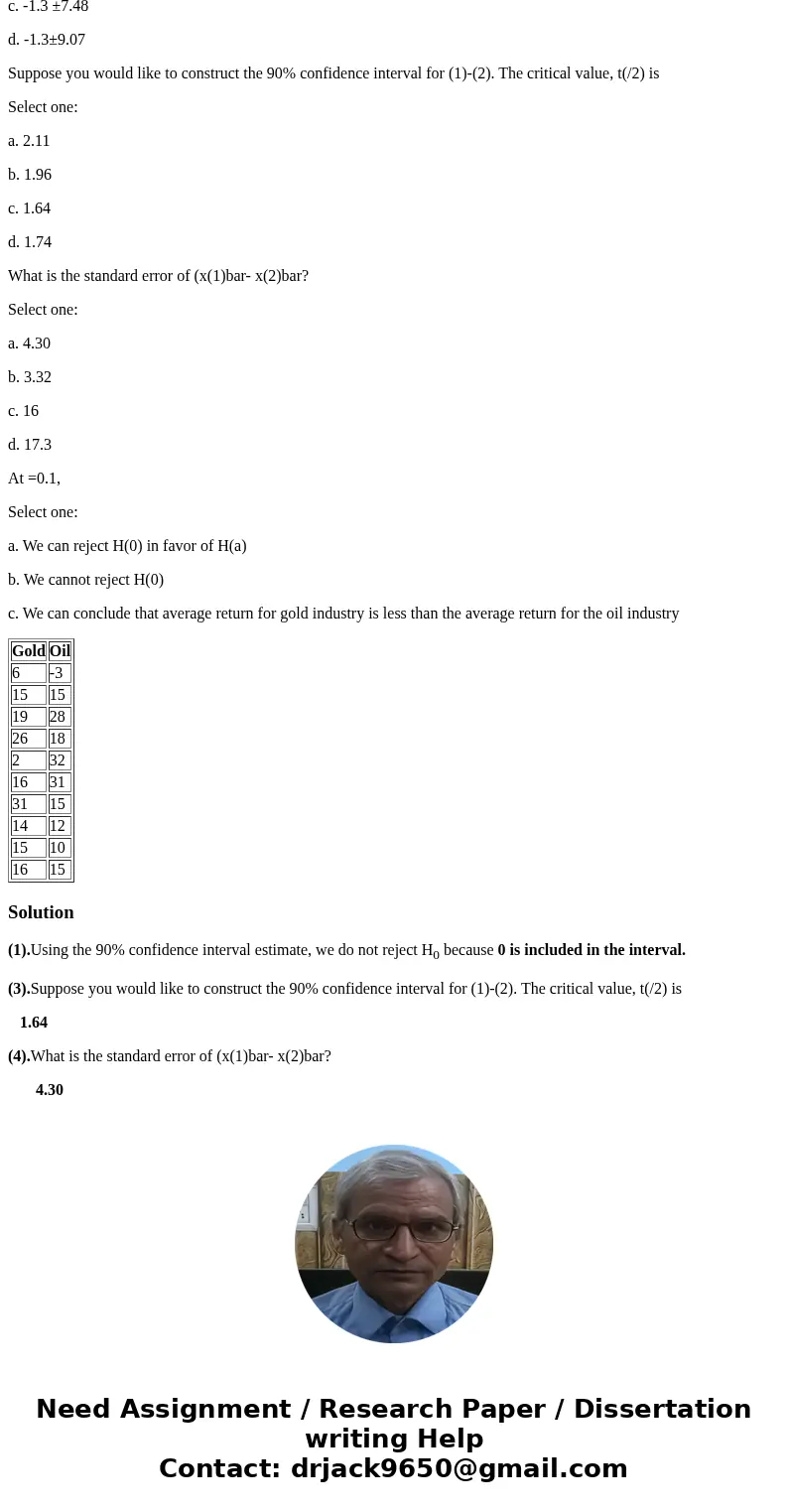 The following 8 questions are based on this information. The table below shows the annual return data for 10 firms in the gold industry and 10 firms in the oil  The following 8 questions are based on this information. The table below shows the annual return data for 10 firms in the gold industry and 10 firms in the oil