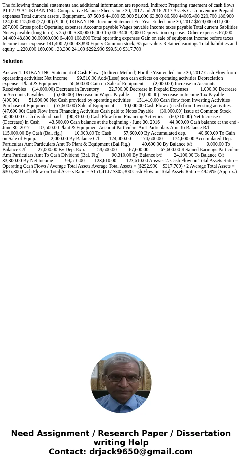 The following financial statements and additional information are reported. Indirect: Preparing statement of cash flows P1 P2 P3 A1 IKIBAN INC. Comparative Bal  The following financial statements and additional information are reported. Indirect: Preparing statement of cash flows P1 P2 P3 A1 IKIBAN INC. Comparative Bal
