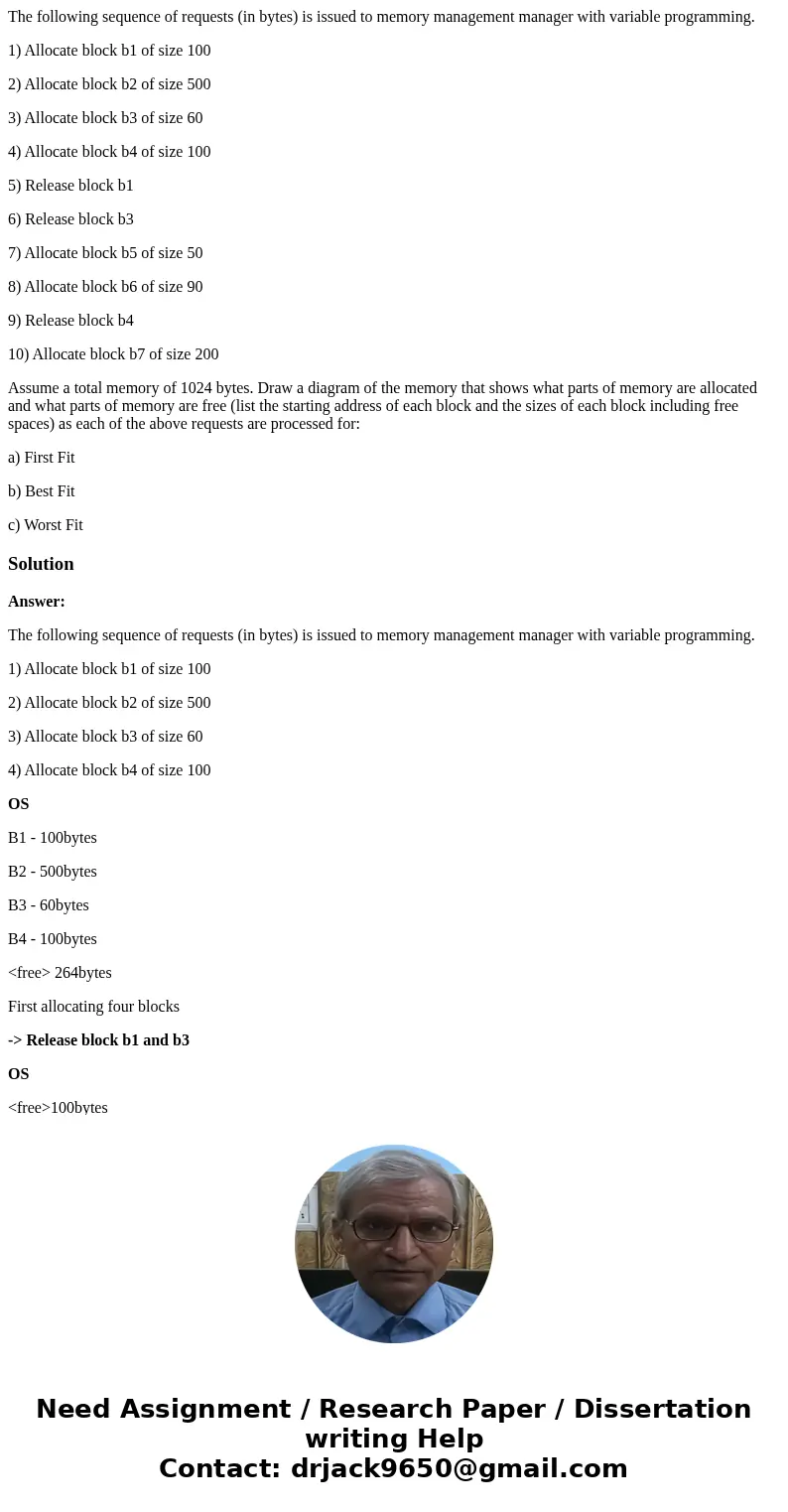 The following sequence of requests (in bytes) is issued to memory management manager with variable programming. 1) Allocate block b1 of size 100 2) Allocate blo The following sequence of requests (in bytes) is issued to memory management manager with variable programming. 1) Allocate block b1 of size 100 2) Allocate blo