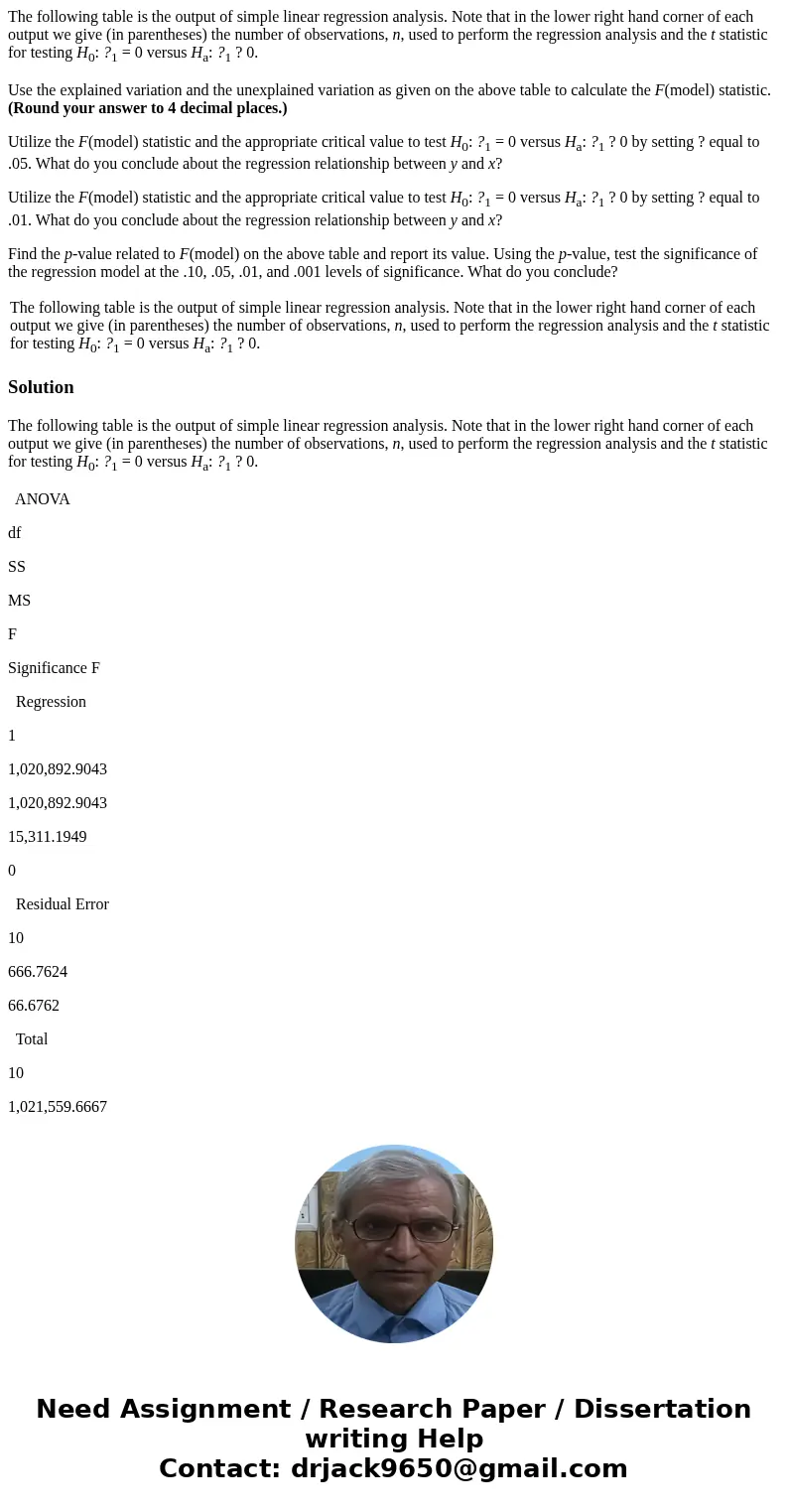 The following table is the output of simple linear regression analysis. Note that in the lower right hand corner of each output we give (in parentheses) the num