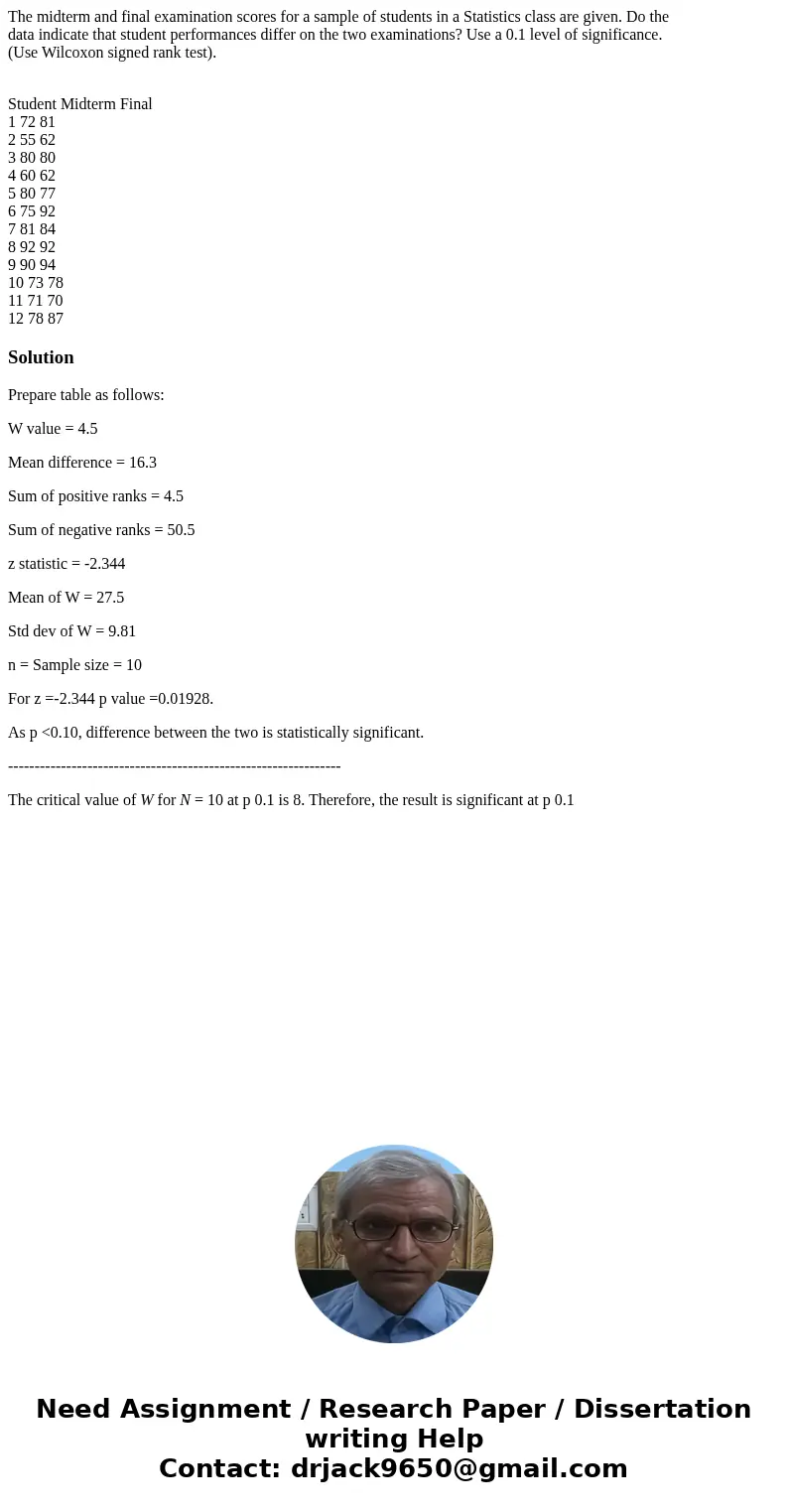 The midterm and final examination scores for a sample of students in a Statistics class are given. Do the data indicate that student performances differ on the  The midterm and final examination scores for a sample of students in a Statistics class are given. Do the data indicate that student performances differ on the