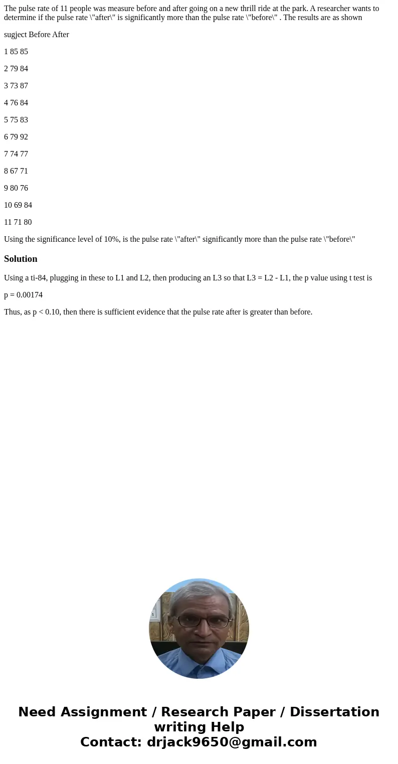 The pulse rate of 11 people was measure before and after going on a new thrill ride at the park. A researcher wants to determine if the pulse rate \ The pulse rate of 11 people was measure before and after going on a new thrill ride at the park. A researcher wants to determine if the pulse rate \