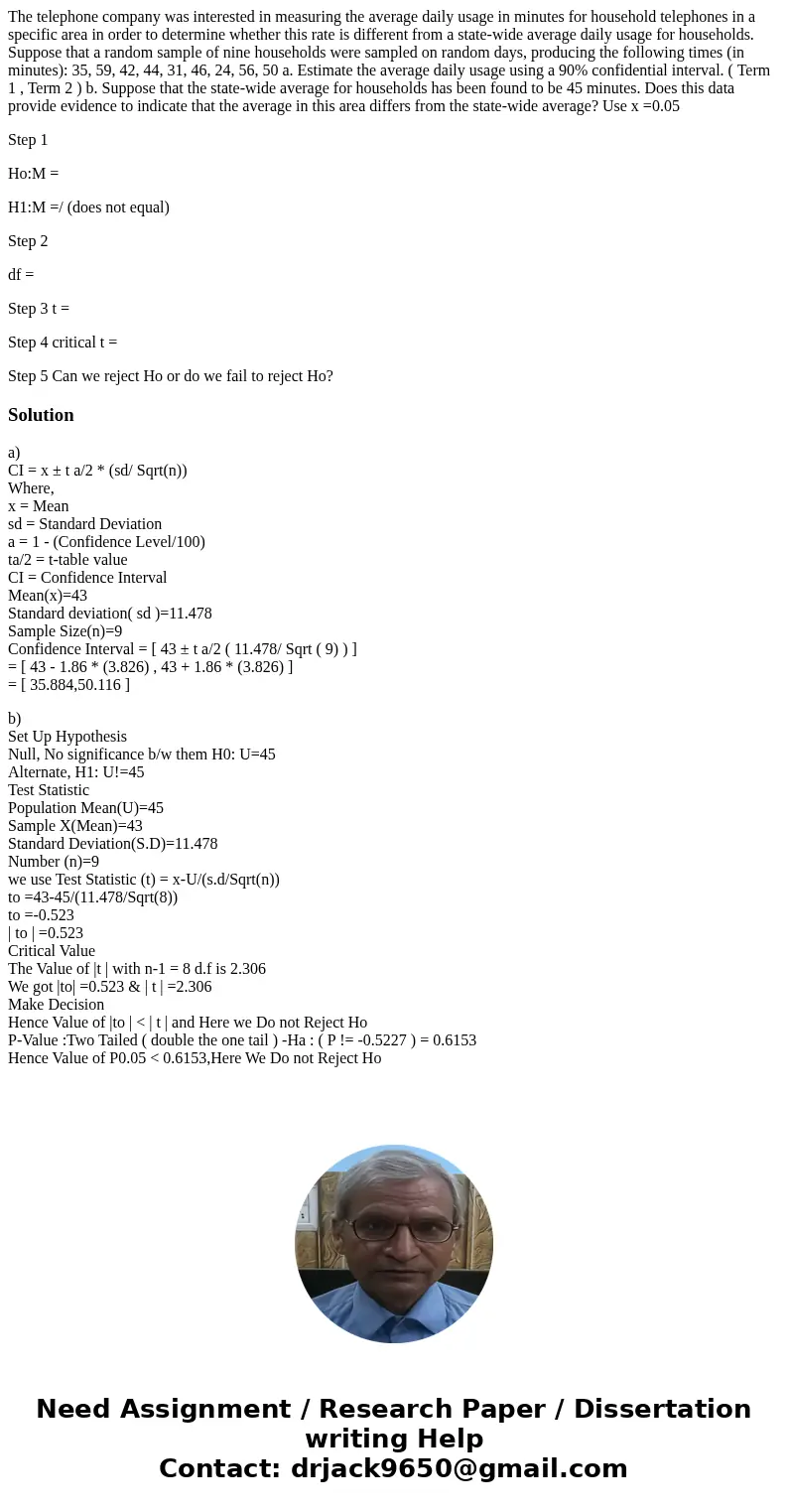 The telephone company was interested in measuring the average daily usage in minutes for household telephones in a specific area in order to determine whether t The telephone company was interested in measuring the average daily usage in minutes for household telephones in a specific area in order to determine whether t