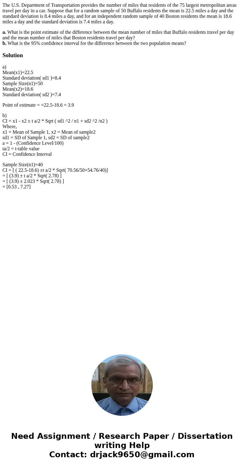 The U.S. Department of Transportation provides the number of miles that residents of the 75 largest metropolitan areas travel per day in a car. Suppose that for