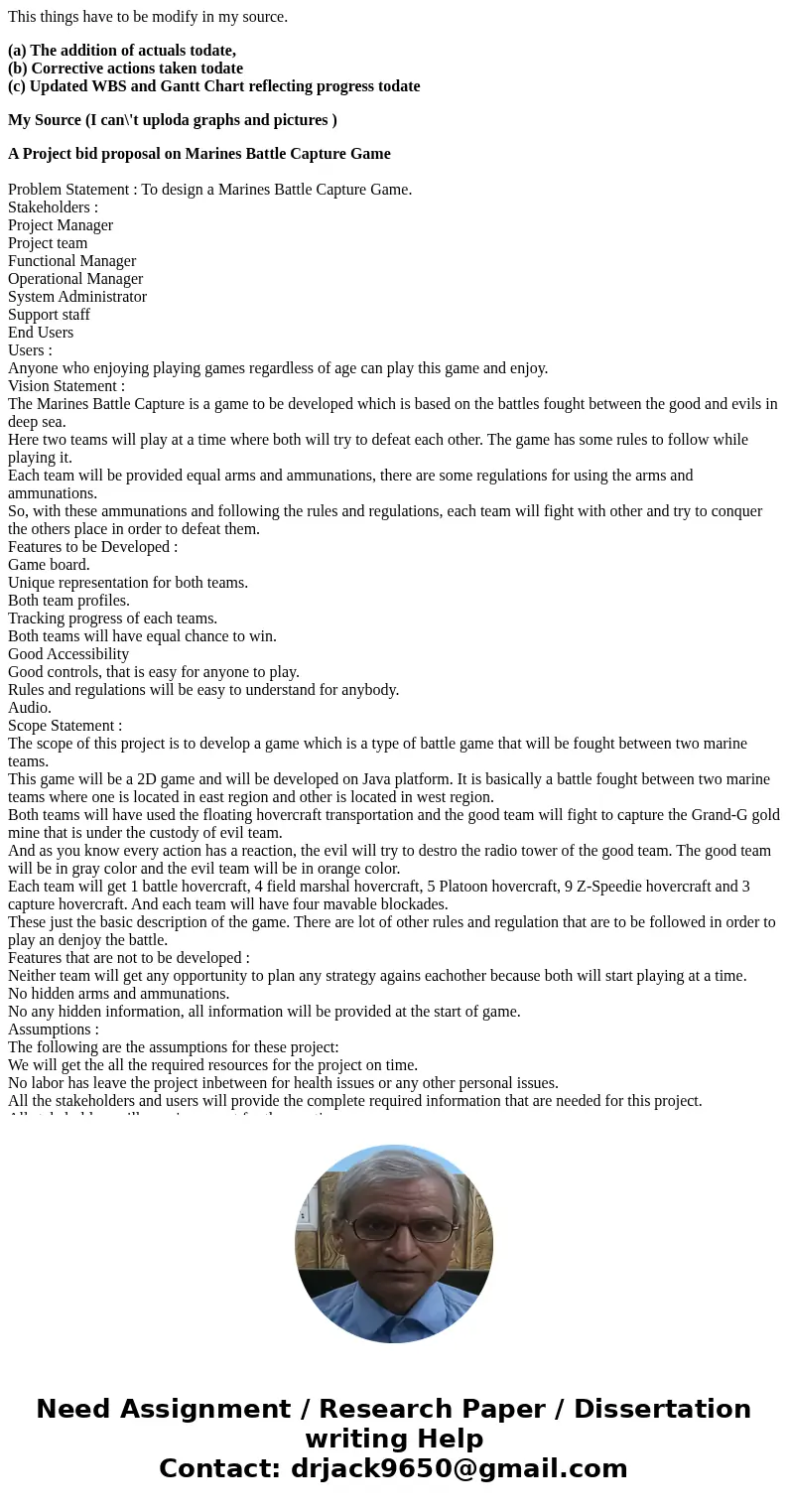 This things have to be modify in my source. (a) The addition of actuals todate, (b) Corrective actions taken todate (c) Updated WBS and Gantt Chart reflecting p