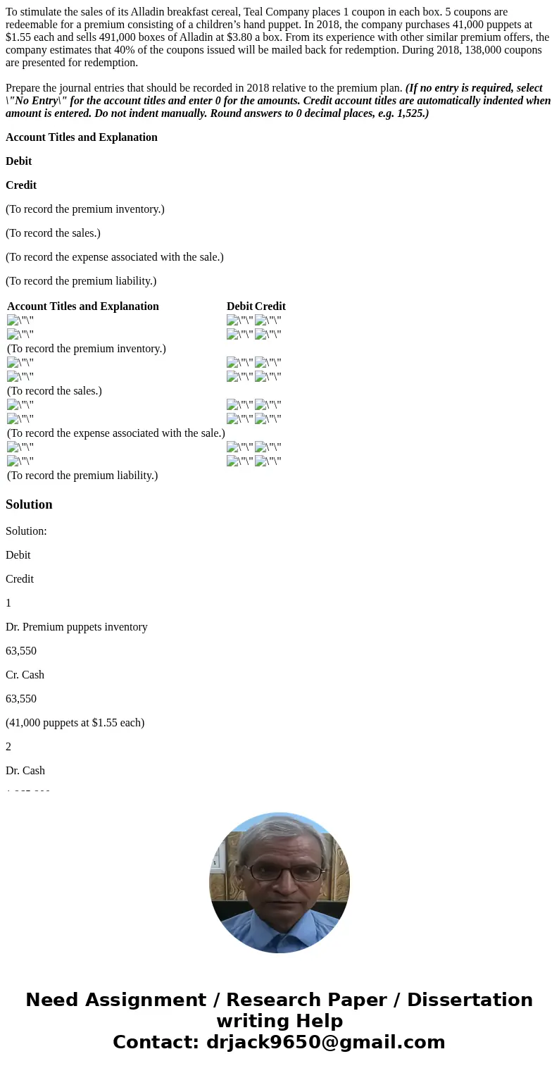 To stimulate the sales of its Alladin breakfast cereal, Teal Company places 1 coupon in each box. 5 coupons are redeemable for a premium consisting of a childre
