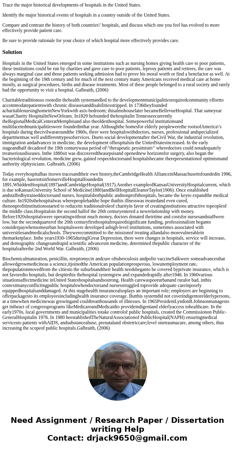 Trace the major historical developments of hospitals in the United States. Identify the major historical events of hospitals in a country outside of the United  Trace the major historical developments of hospitals in the United States. Identify the major historical events of hospitals in a country outside of the United