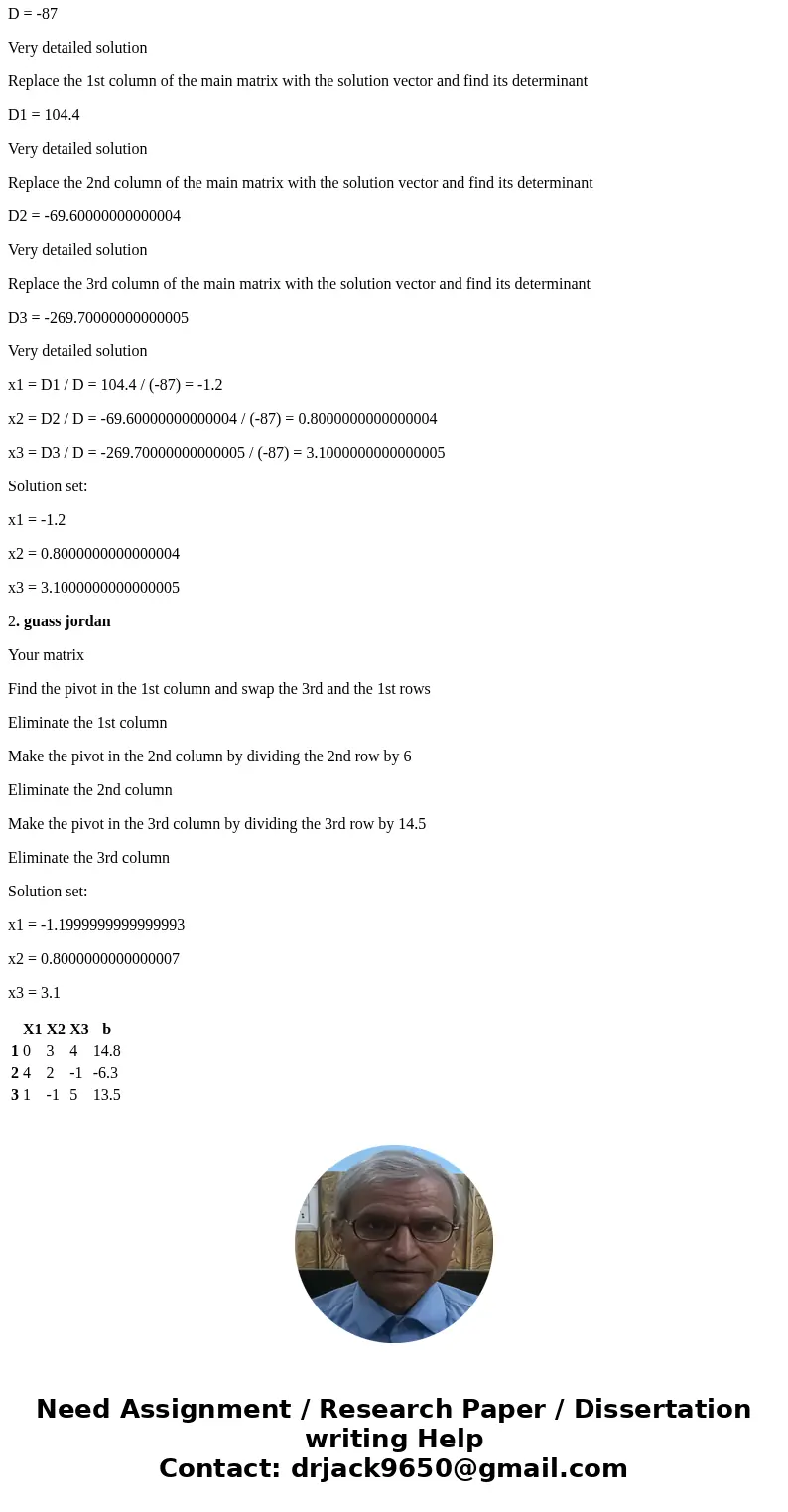 Use Cramer\'s Rule to solve the following system of equations: 3y + 4z = 14.8 4x + 2y - z = -6.3 x - y + 5z = 13.5 Use Gauss-Jordan Elimination to solve the sy Use Cramer\'s Rule to solve the following system of equations: 3y + 4z = 14.8 4x + 2y - z = -6.3 x - y + 5z = 13.5 Use Gauss-Jordan Elimination to solve the sy