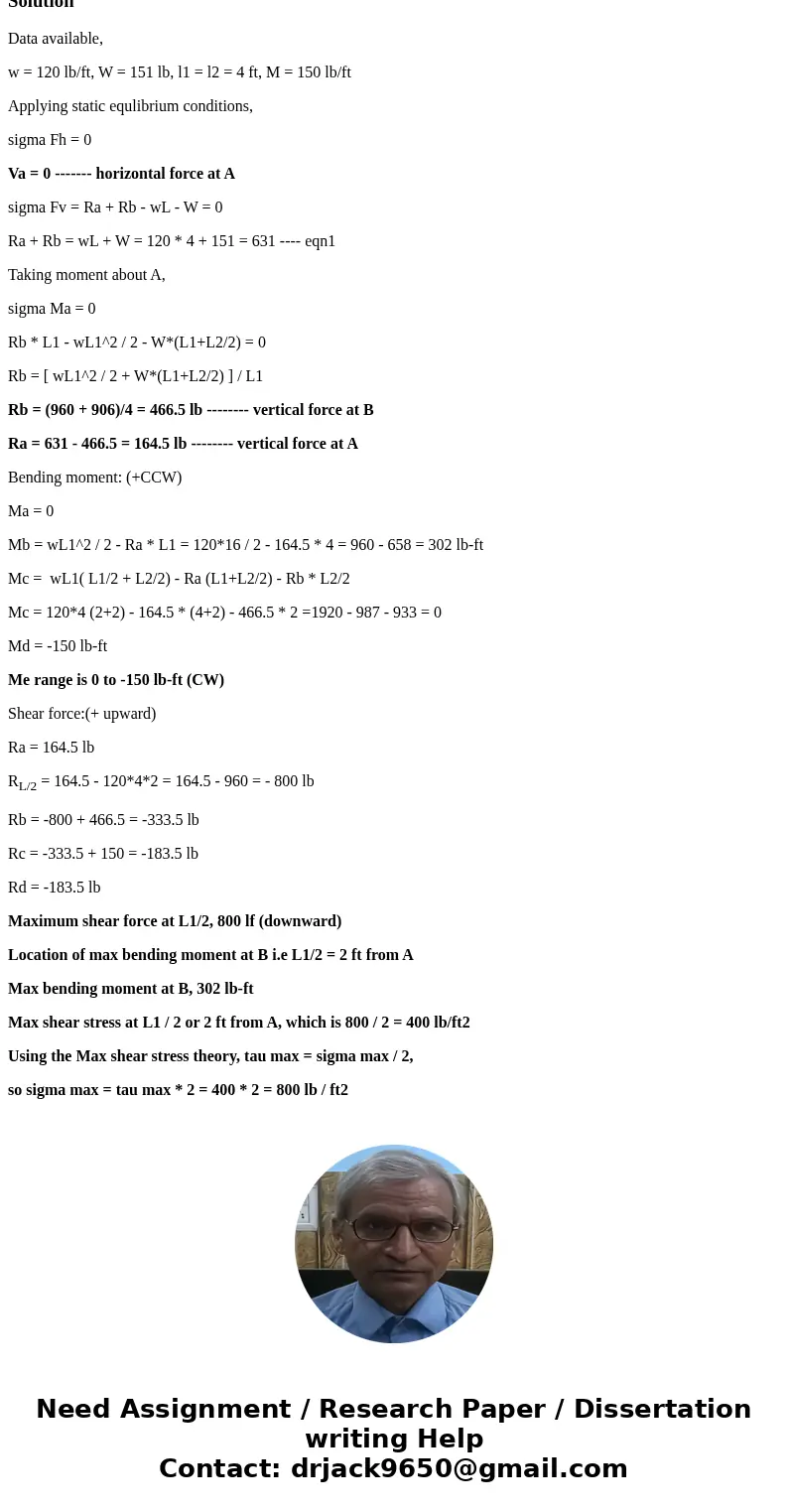 w = 120 lb/ft W = 151 lb I_1 = 4 ft I_2 = 4 ft b = 0.5 ft h = 0.8 ft M = 150 Ib.ft Calculate the vertical reaction at A: lb Calculate the horizontal reaction a w = 120 lb/ft W = 151 lb I_1 = 4 ft I_2 = 4 ft b = 0.5 ft h = 0.8 ft M = 150 Ib.ft Calculate the vertical reaction at A: lb Calculate the horizontal reaction a