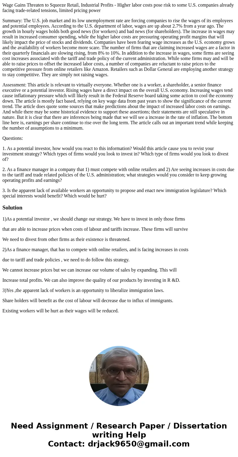 Wage Gains Threaten to Squeeze Retail, Industrial Profits - Higher labor costs pose risk to some U.S. companies already facing trade-related tensions, limited p Wage Gains Threaten to Squeeze Retail, Industrial Profits - Higher labor costs pose risk to some U.S. companies already facing trade-related tensions, limited p