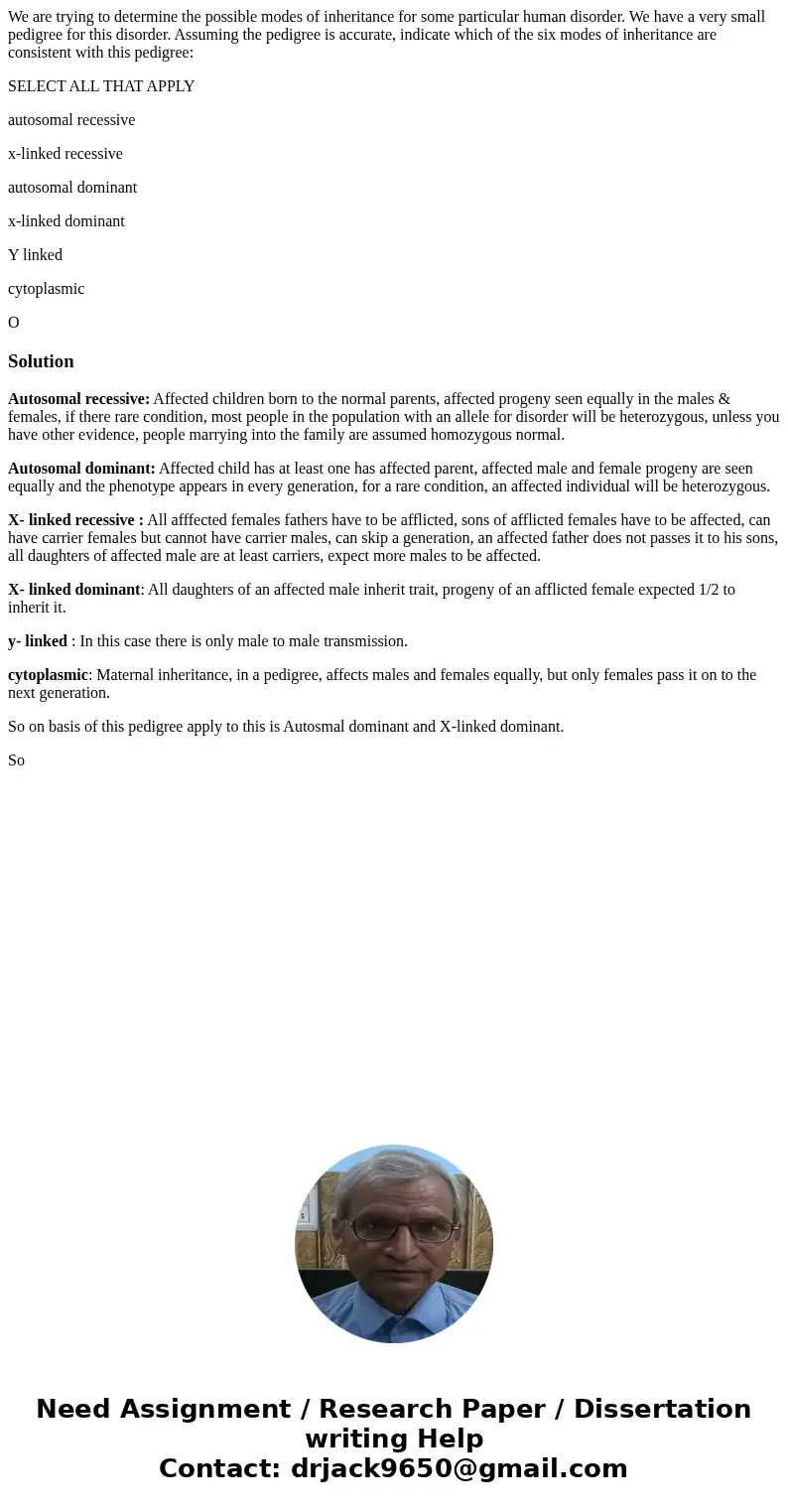 We are trying to determine the possible modes of inheritance for some particular human disorder. We have a very small pedigree for this disorder. Assuming the p
