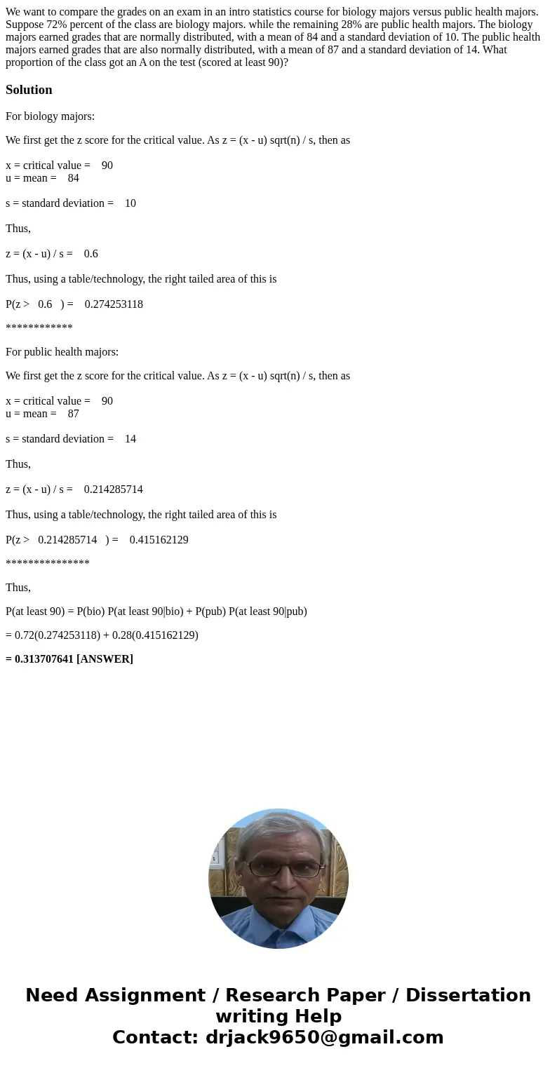 We want to compare the grades on an exam in an intro statistics course for biology majors versus public health majors. Suppose 72% percent of the class are bio  We want to compare the grades on an exam in an intro statistics course for biology majors versus public health majors. Suppose 72% percent of the class are bio