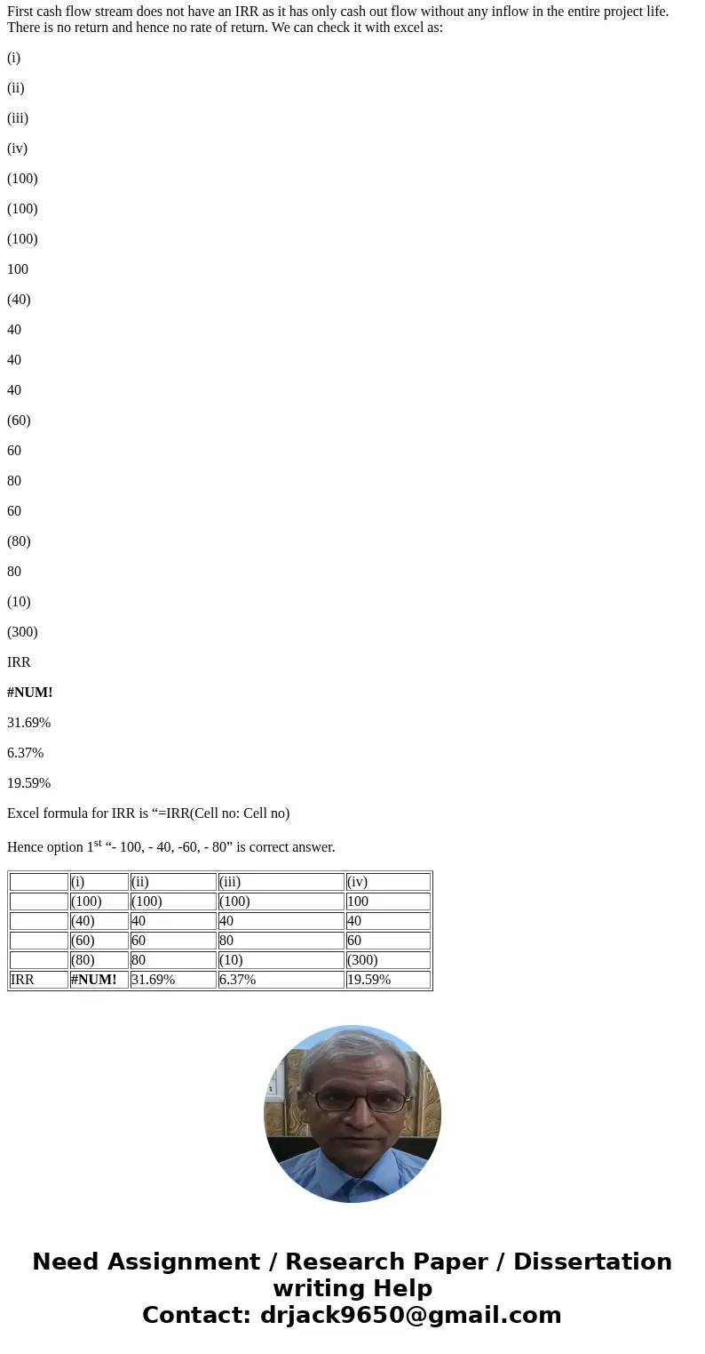Which of the following cash flow streams does NOT have an IRR? -100, -40, -60, -80 SolutionFirst cash flow stream does not have an IRR as it has only cash out f Which of the following cash flow streams does NOT have an IRR? -100, -40, -60, -80 SolutionFirst cash flow stream does not have an IRR as it has only cash out f