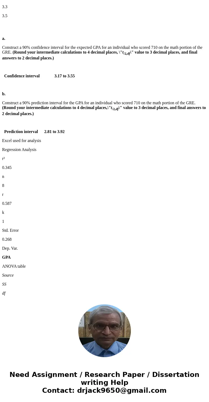 With the data in the accompanying table, estimate GPA = 0 + 1GRE + , where GRE is a student’s score on the math portion of the Graduate Record Examination score