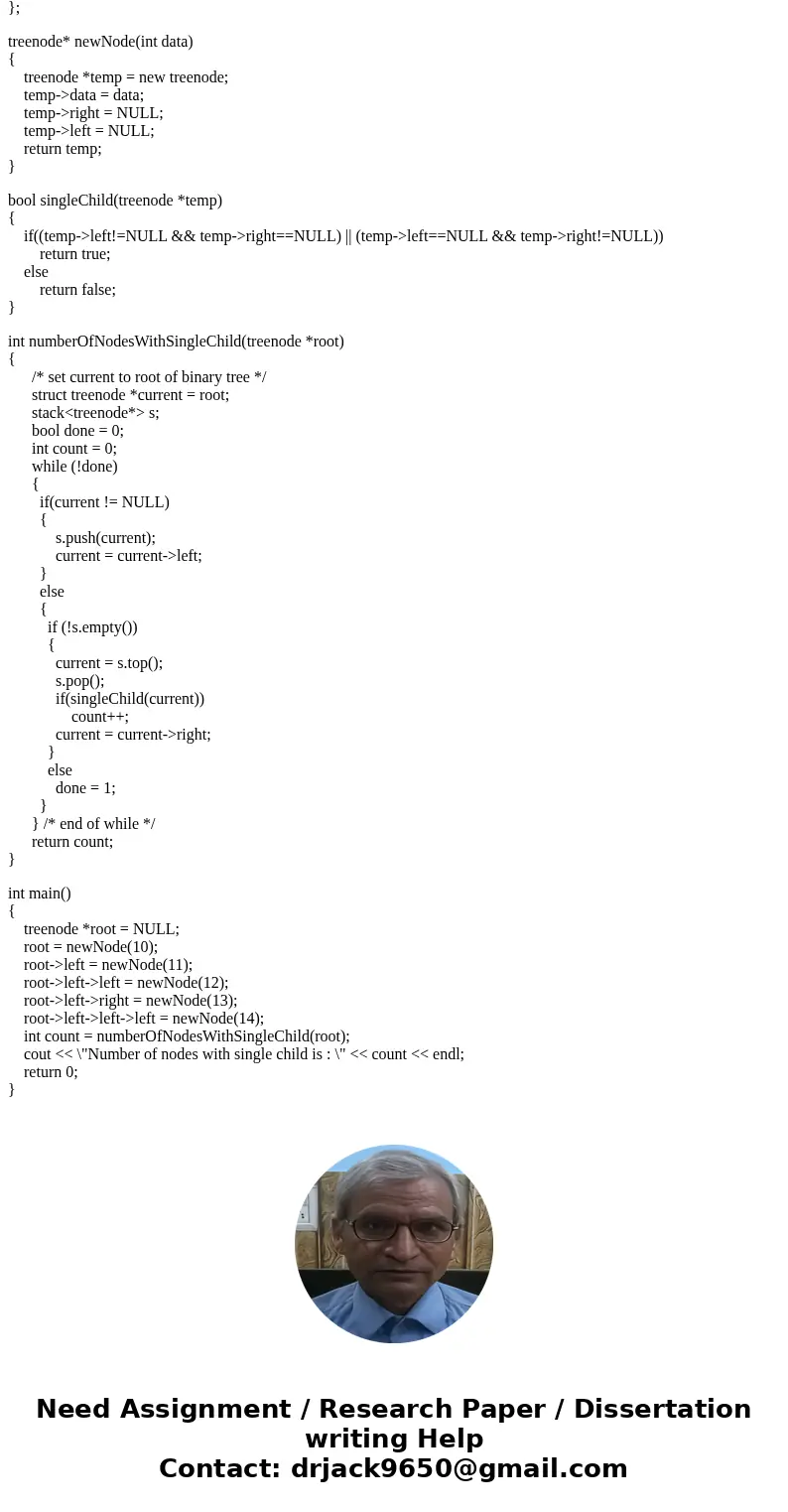 Write a iterative function, singleParent, that returns the number of the nodes in a binary tree that have only one child. in c++Solution#include <iostream> Write a iterative function, singleParent, that returns the number of the nodes in a binary tree that have only one child. in c++Solution#include <iostream>