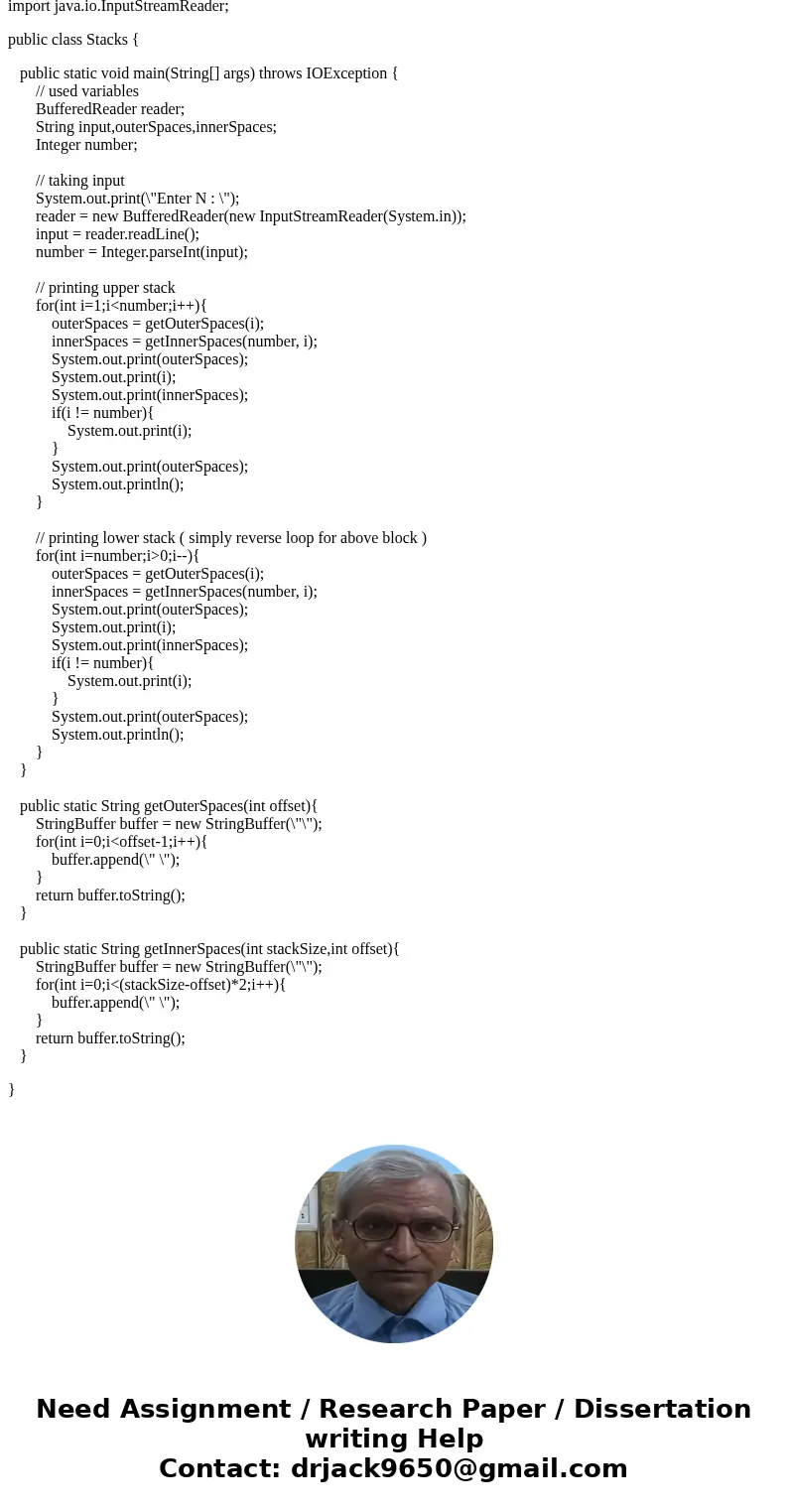 Write a java program that reads a number N as input and displays the following output using stacks with parameters. Example o Input: Enter N: o Output: 5 Soluti Write a java program that reads a number N as input and displays the following output using stacks with parameters. Example o Input: Enter N: o Output: 5 Soluti