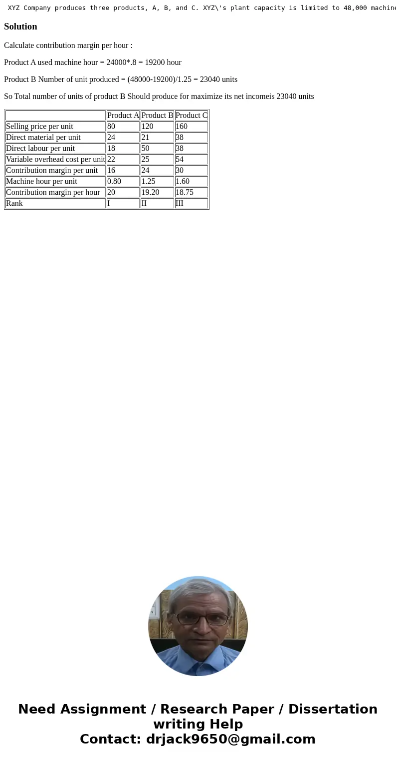 XYZ Company produces three products, A, B, and C. XYZ\'s plant capacity is limited to 48,000 machine hours per year. The following information is available for  XYZ Company produces three products, A, B, and C. XYZ\'s plant capacity is limited to 48,000 machine hours per year. The following information is available for