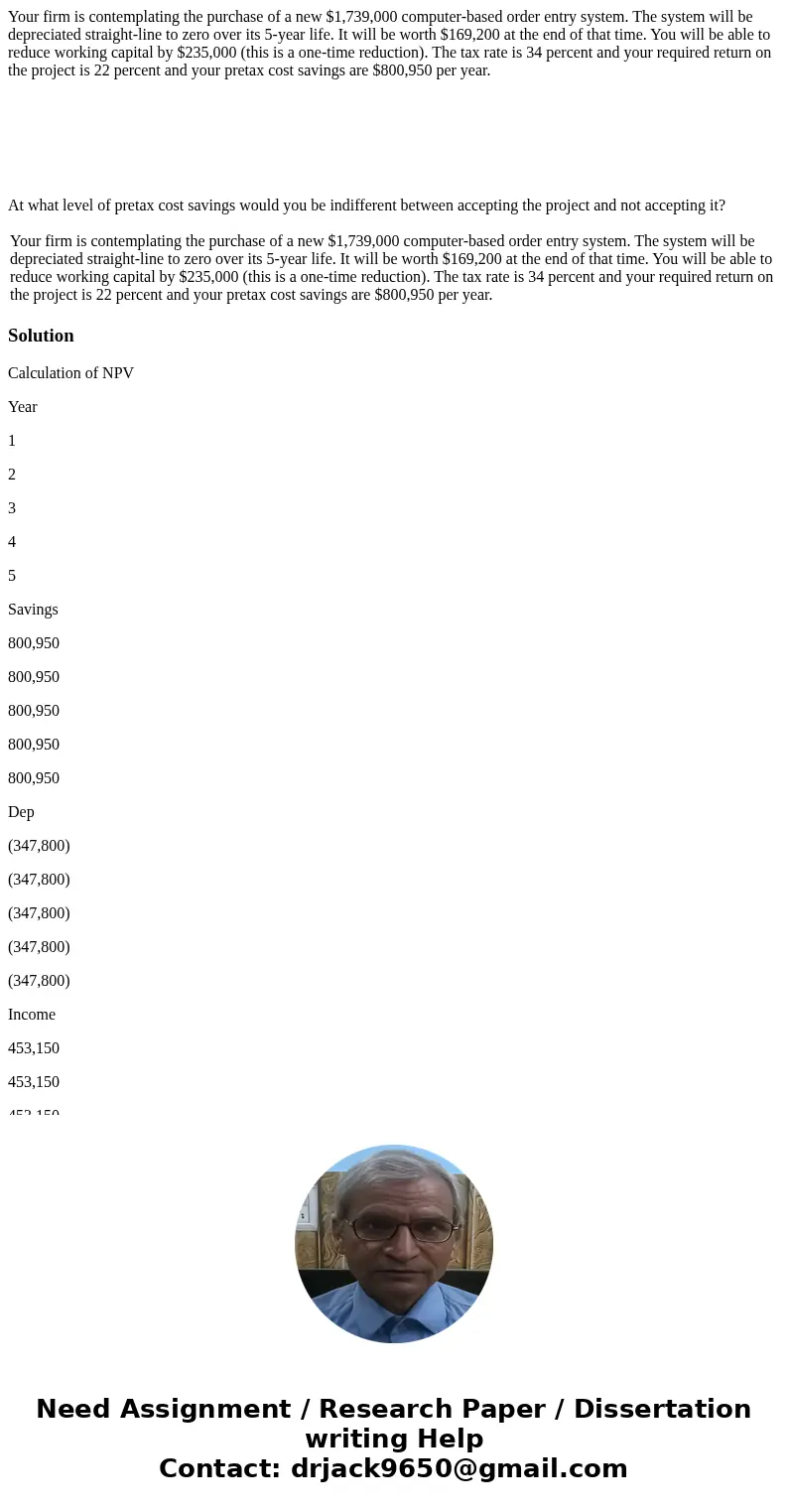 Your firm is contemplating the purchase of a new $1,739,000 computer-based order entry system. The system will be depreciated straight-line to zero over its 5-y Your firm is contemplating the purchase of a new $1,739,000 computer-based order entry system. The system will be depreciated straight-line to zero over its 5-y