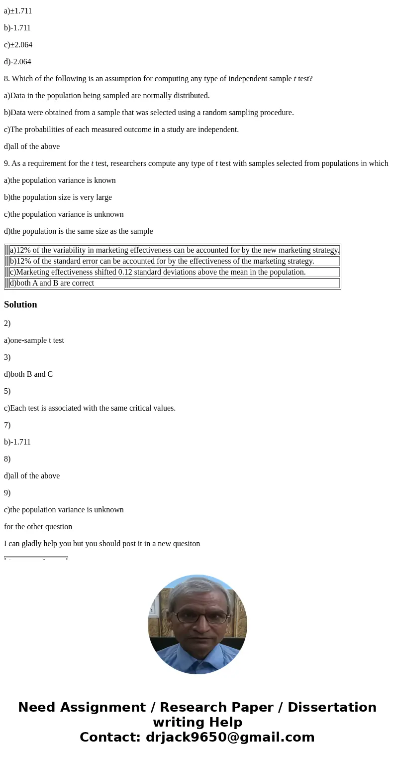 1. A researcher reports that the effectiveness of a new marketing campaign significantly increased sales compared with the previous campaign strategy, t(49) = 2