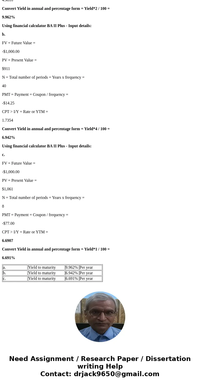 1- Calculate the yield to maturity on the following bonds: A- A 8.6 percent coupon (paid semiannually) bond, with a $1,000 face value and 10 years remaining to 