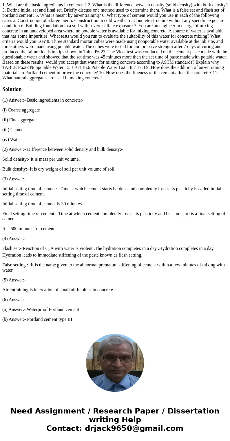  1. What are the basic ingredients in concrete? 2. What is the difference between density (solid density) with bulk density? 3. Define initial set and final set