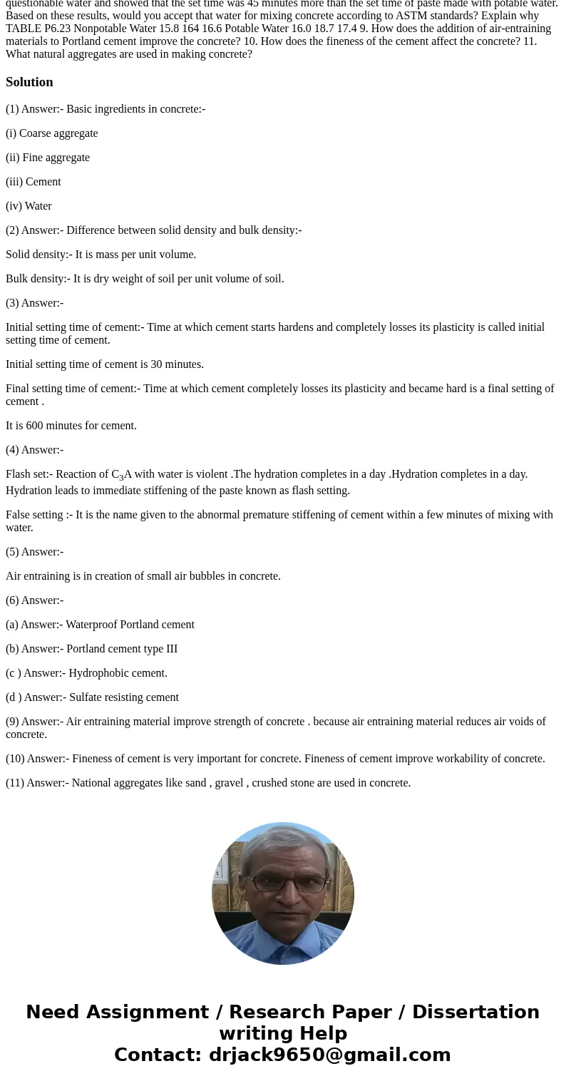  1. What are the basic ingredients in concrete? 2. What is the difference between density (solid density) with bulk density? 3. Define initial set and final set