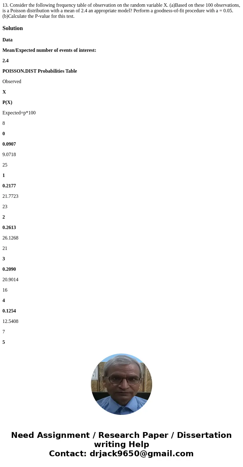  13. Consider the following frequency table of observation on the random variable X. (a)Based on these 100 observations, is a Poisson distribution with a mean o