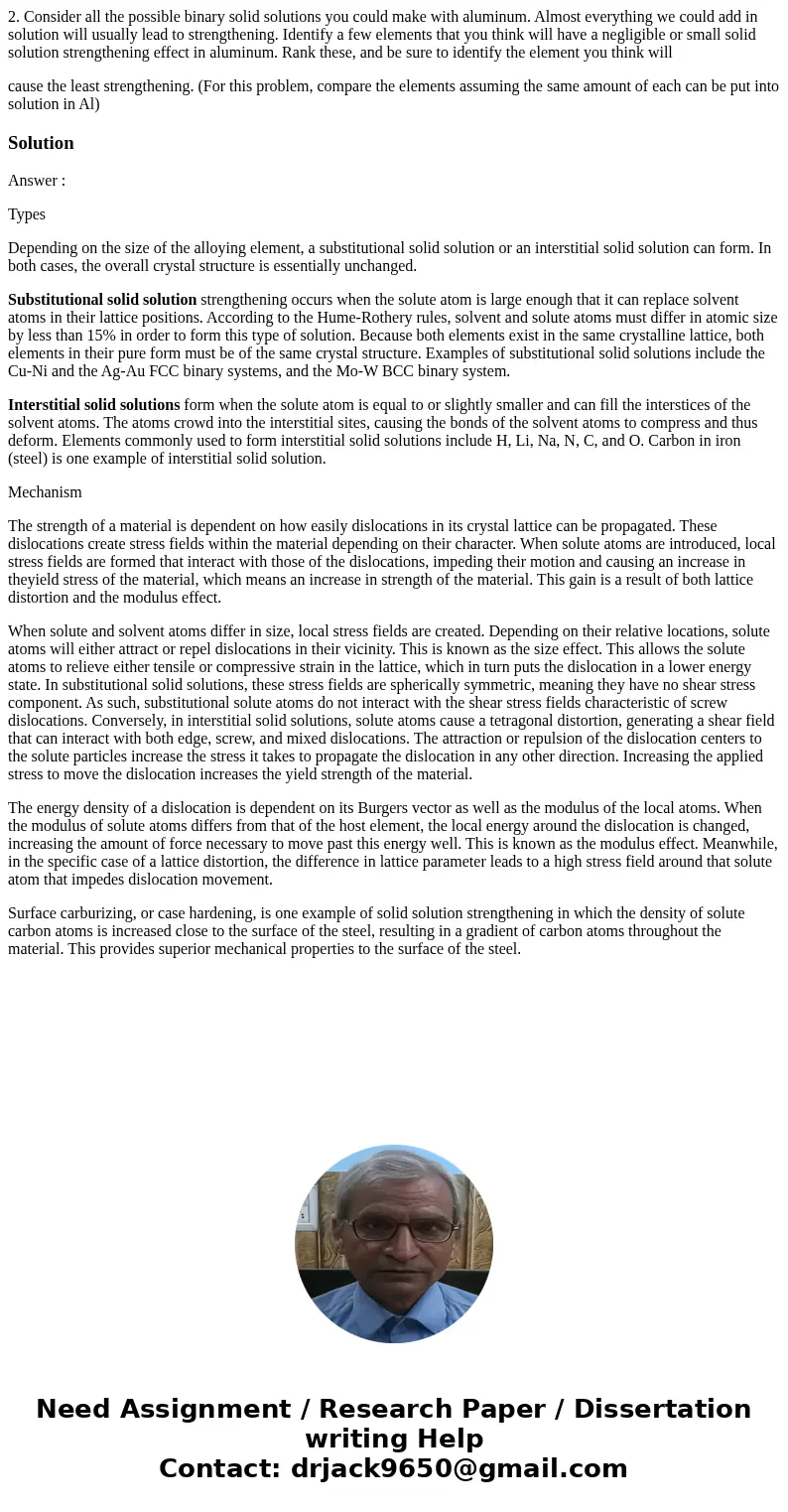 2. Consider all the possible binary solid solutions you could make with aluminum. Almost everything we could add in solution will usually lead to strengthening. 2. Consider all the possible binary solid solutions you could make with aluminum. Almost everything we could add in solution will usually lead to strengthening.