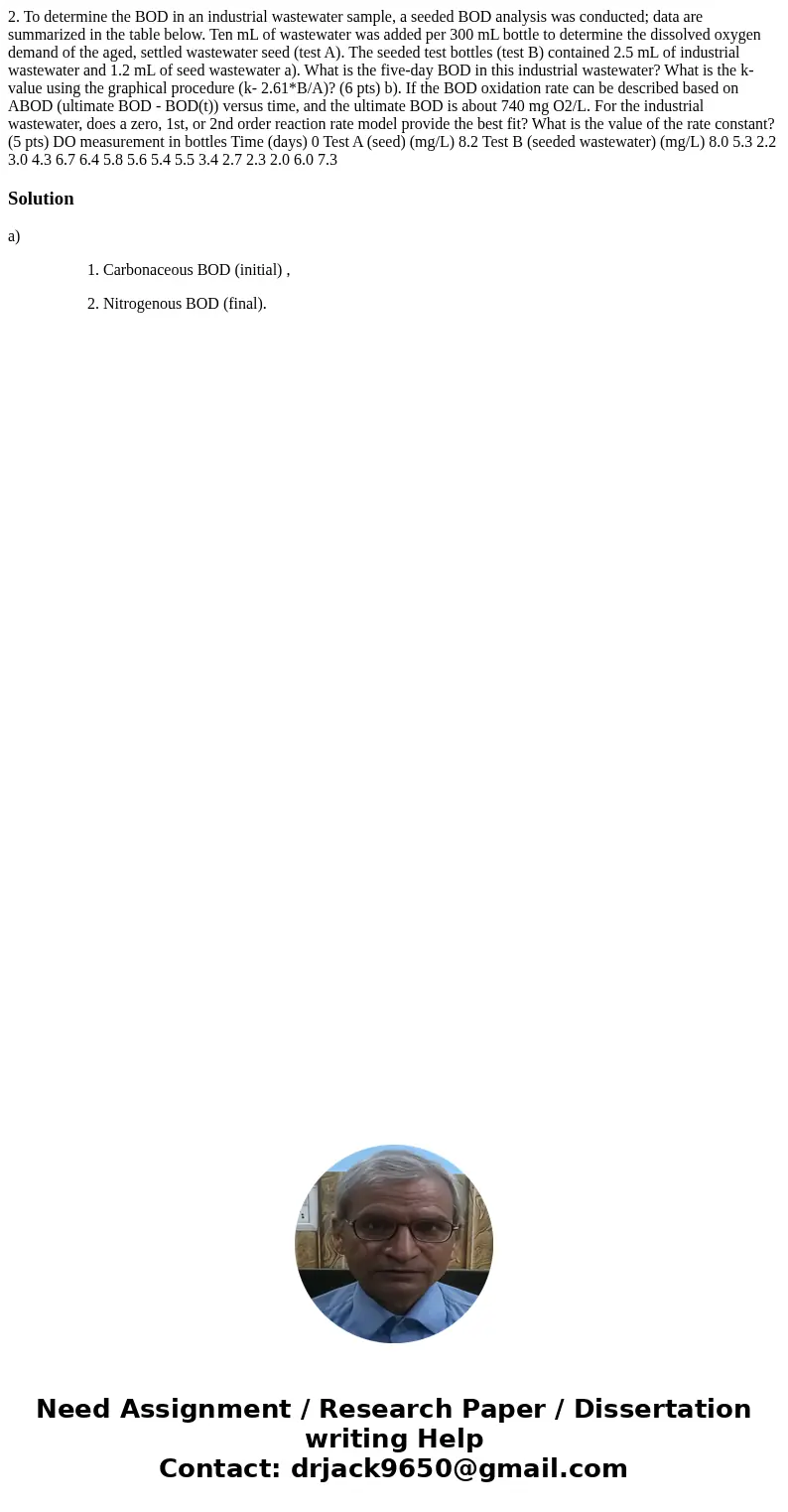 2. To determine the BOD in an industrial wastewater sample, a seeded BOD analysis was conducted; data are summarized in the table below. Ten mL of wastewater w  2. To determine the BOD in an industrial wastewater sample, a seeded BOD analysis was conducted; data are summarized in the table below. Ten mL of wastewater w